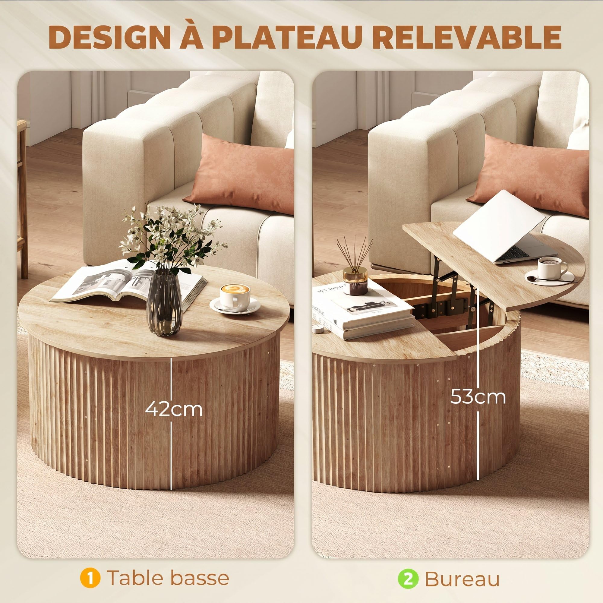 HOMCOM Mesa Centro elevable 32" Acanalada Comp. Ocultos Madera Natural | Mesa de centro redonda moderna, tapa abatible con cierre suave, para sala de estar