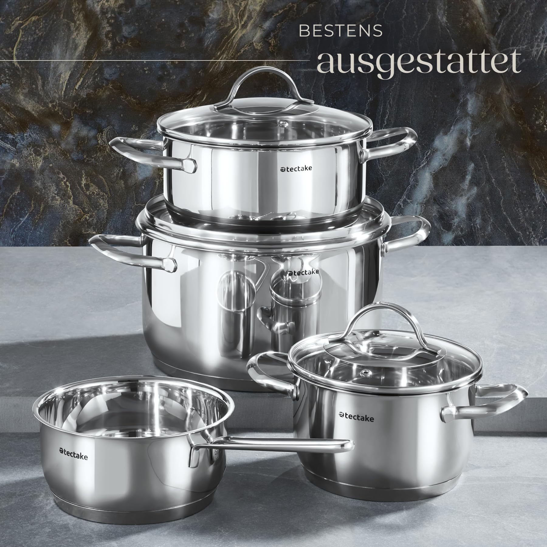 tectake® 7-tlg. Topfset, Edelstahl Kochgeschirr, Töpfe Set mit Deckel, Kochtopf Set für Induktionskochfeld, Gas- und Elektroherd geeignet, Küchensets, Topfsets für Wohnung oder Camping Geschirr