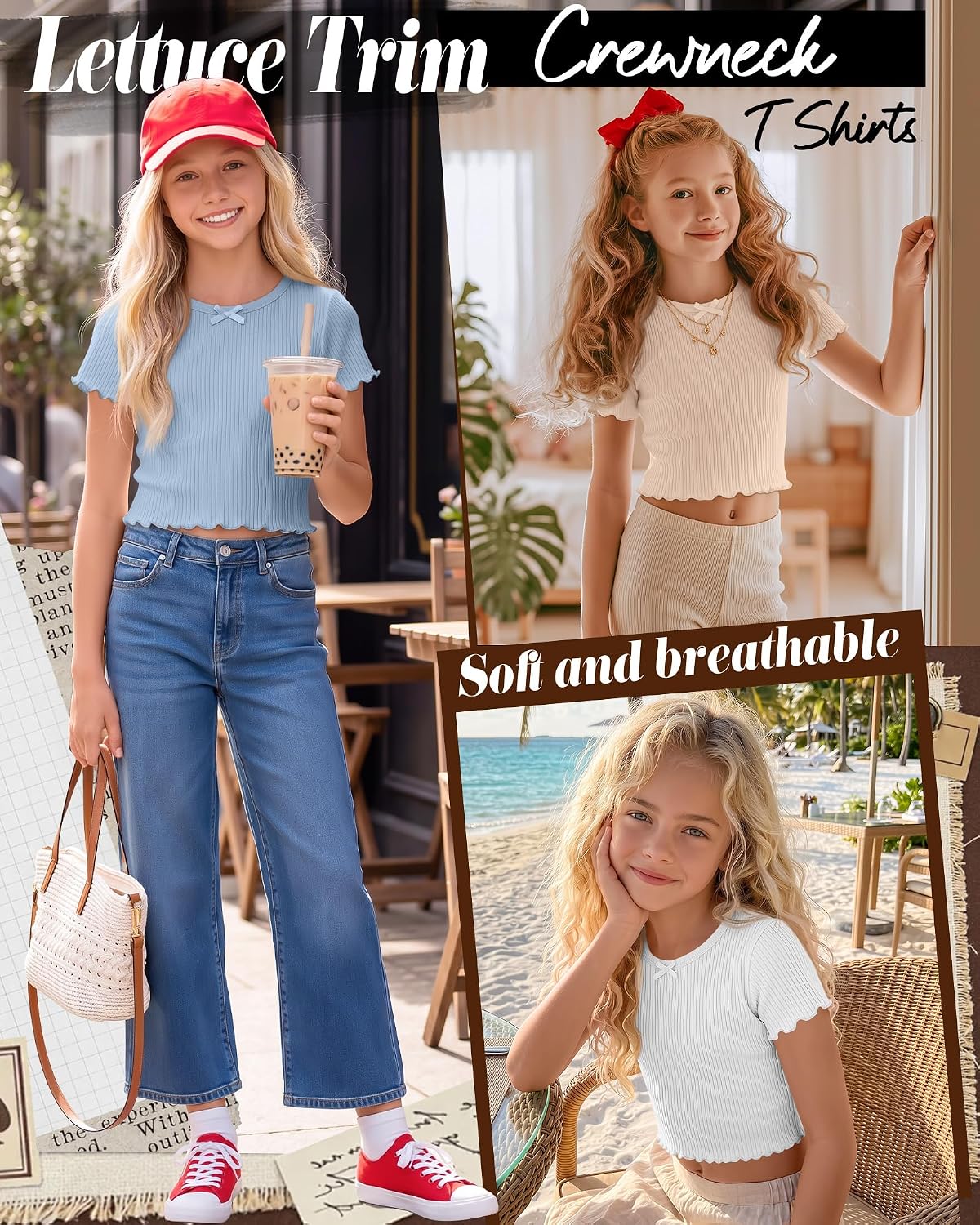 3 Pack Girls Crop Tops Ribbed Cotton Short Sleeve Shirts Lettuce Trim Crewneck T Shirts Summer Cute Tees with Bow