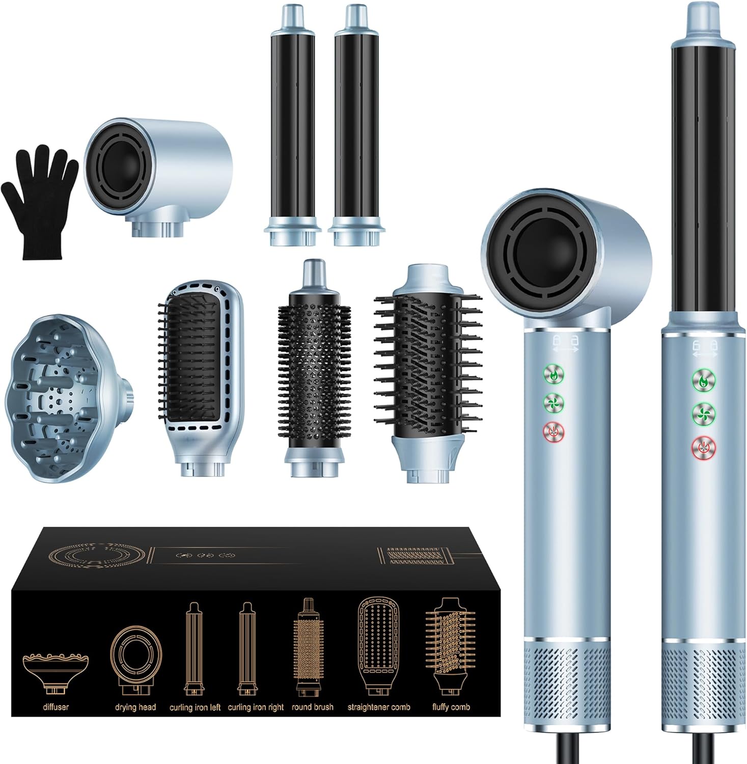 Airstyler, Hair Styler Set 7-in-1 met 110.000 omw/min motor met hoge toerentallen, haardroger, warme luchtborstel, 320 miljoen ionische haarstylerset met luchtkrultang, föhn, stijlborstel,