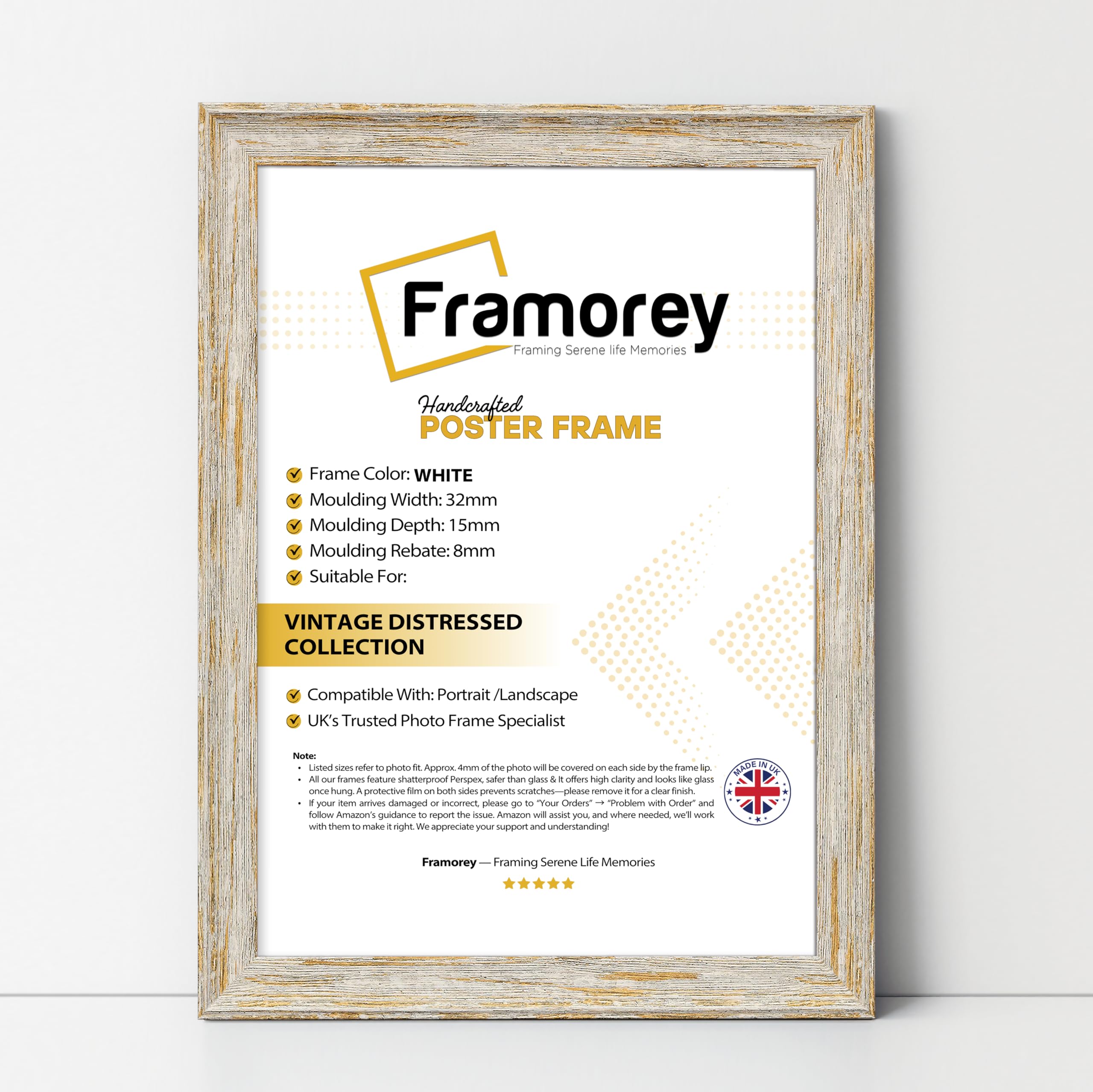 Framorey Framing Serene Life Memories White Framorey Vintage Distressed Photo Frames, 40X60 Cm Size Photo Frames, Wall Hanging Poster Frames, With A High Clarity Styrene Shatterproof Perspex Sheet