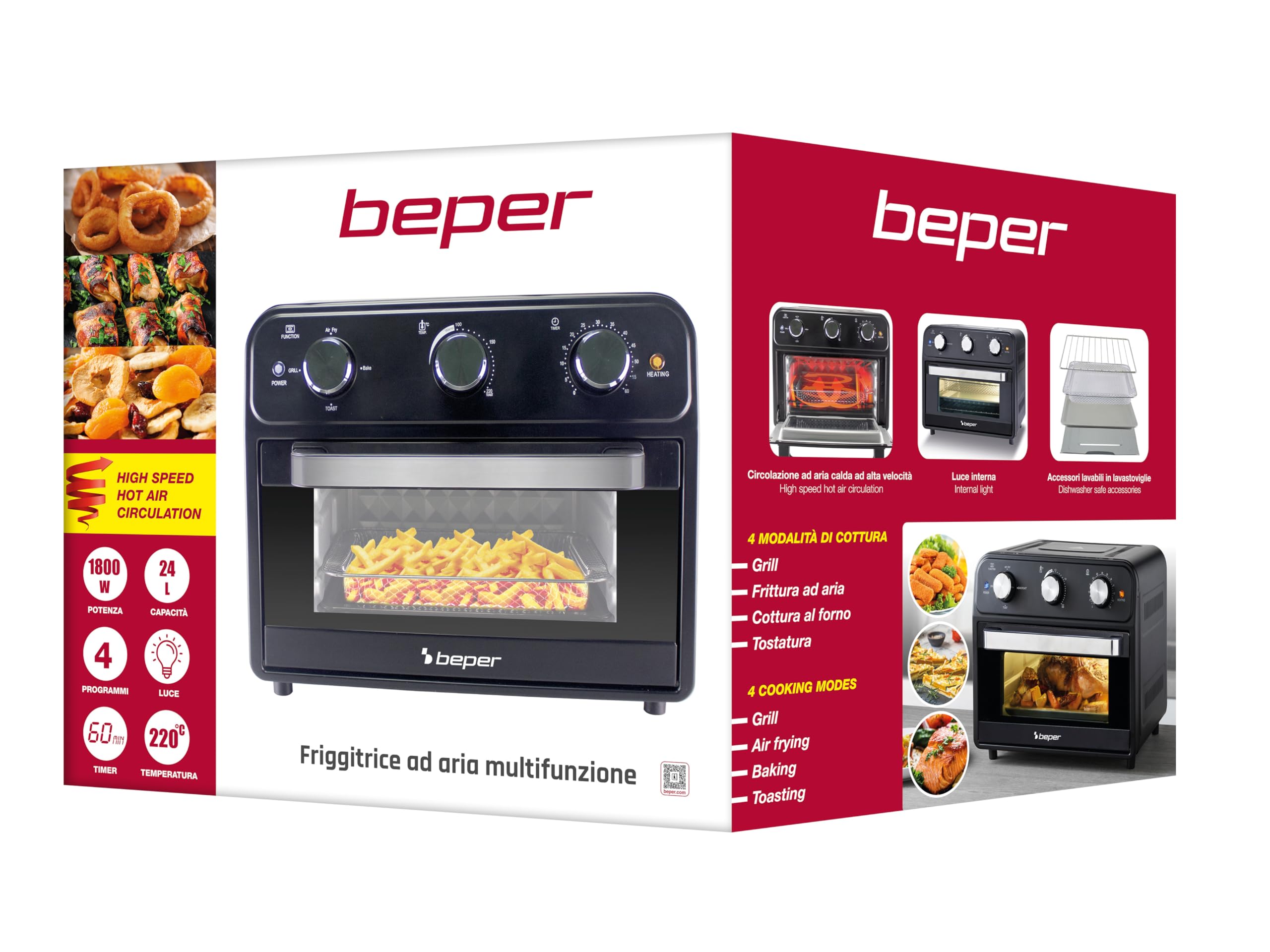 BEPER P101FRI024 Freidora de Aire Multifunción 24L, Freidora de Aire con 4 Funciones: Freír, Grill, Horno, Tostar, Temporizador de 60 min, 220°C, Accesorios Apto para Lavavajillas, Doble Cristal