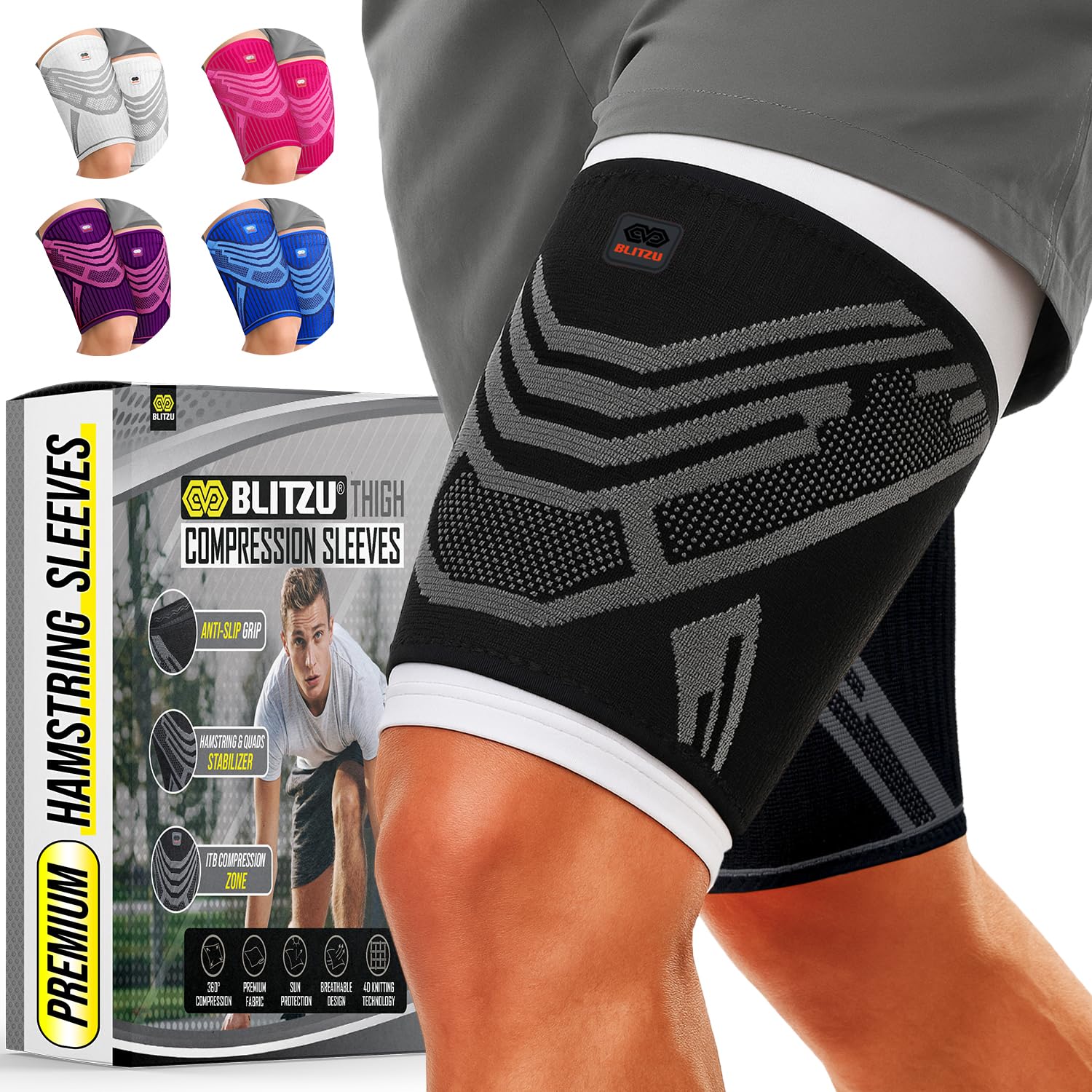 Blitzu Thigh Brace. Hamstring Quad Wrap. Anti Slip Compression Sleeve for Your Legs. Support Pulled Groin Muscle, Sprains, Torn Quadricep, Sciatica Pain. Great for Runners & Sports Recovery Black XL