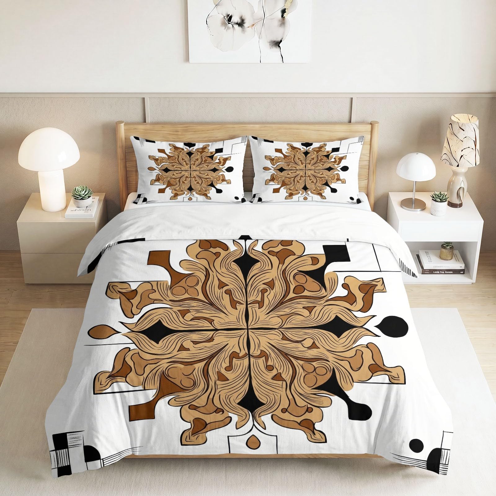 Kunst Eleganz Mandala Blumen Bettwäsche Set 240 x 220 cm, Beige Bettbezug Set Weich Komfort Mikrofaser Bettwäsche 3teilig für Geschenke Zimmer Deko mit Reißverschluss und 80x80 cm Kissenbezug