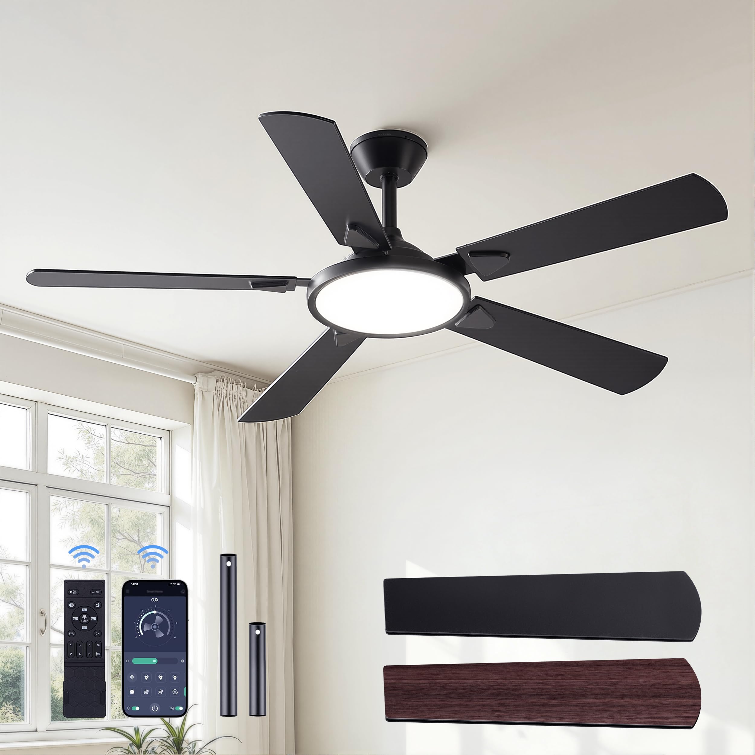 Photo 1 of OJX Ceiling Fans with Lights, 52 inch Ceiling fan with Light and Remote/APP Control, 3CCT, Quiet DC Reversible, Dimmable, Modern Ceiling Fan for Bedroom, Living Room, Kitchen, Indoor/Outdoor Use