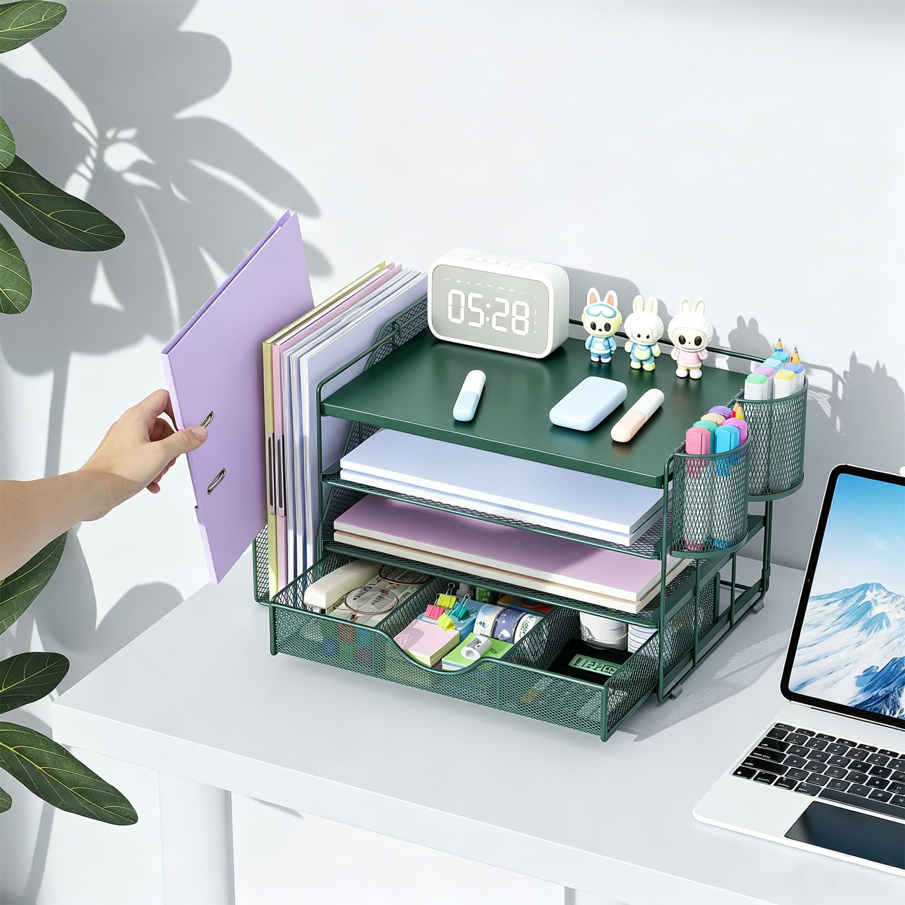 gianotter Desk Organizers and Accessories with File Holder, 4-Tier Desk Accessories & Workspace Organizers with Drawer and 2 Pen Holder, Desk Reference Organizer (Green, 4T with Metal Drawer) view 4