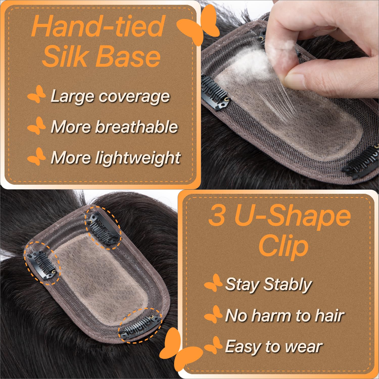 Human Hair Toppers for Women, 150% Density Hair Topper with Bang, No Tangle & Smooth, Upgrade 7x13cm Silk Base, 12 Inch #1B Natural Black