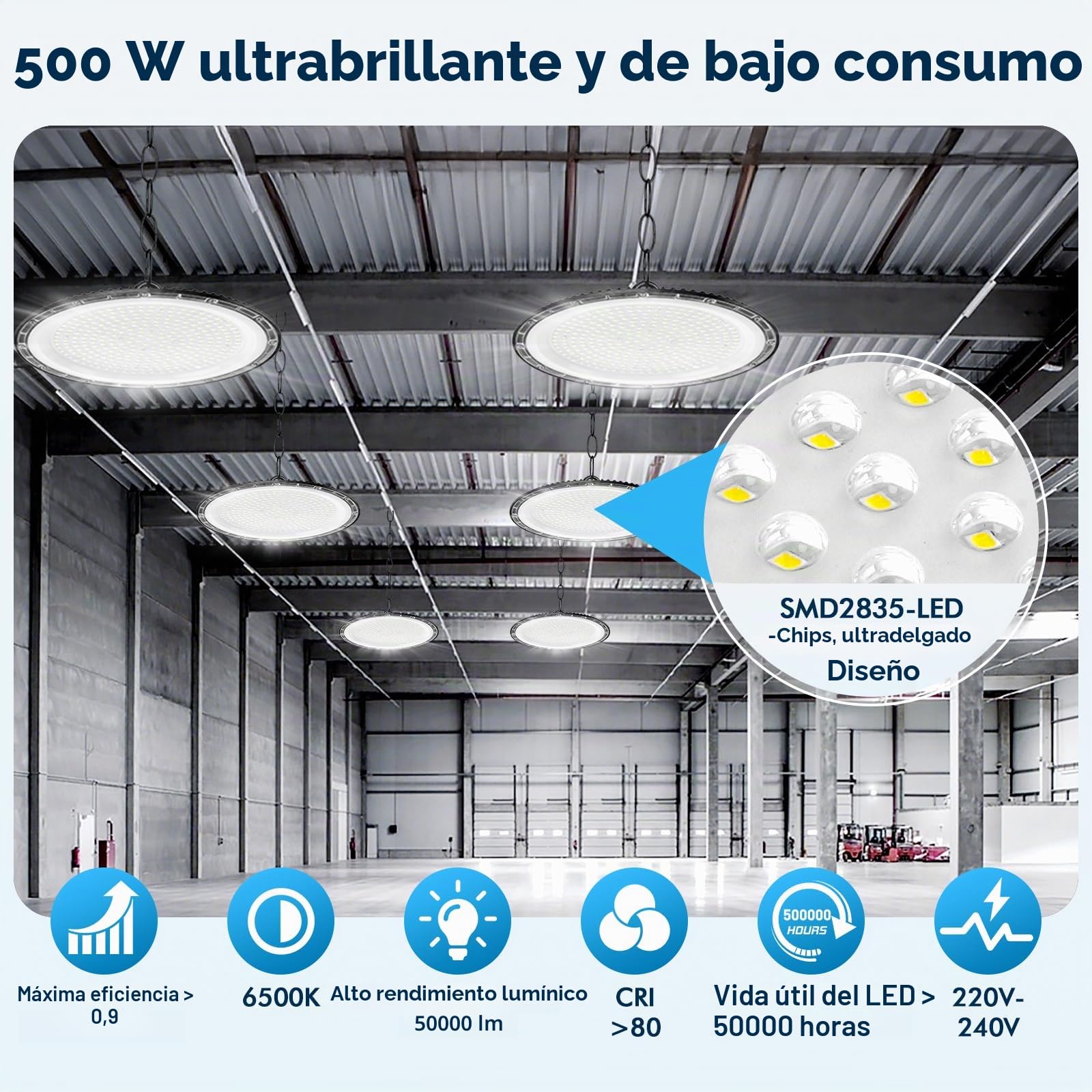 2Pack 500W UFO LED Lámpara de Alta Bahía, 50000LM Focos Interior Techo,6500K Ultrafina Iluminación de Almacén,IP67 Impermeable Naves Industriales Para Patio,Garaje,Fábrica,Taller