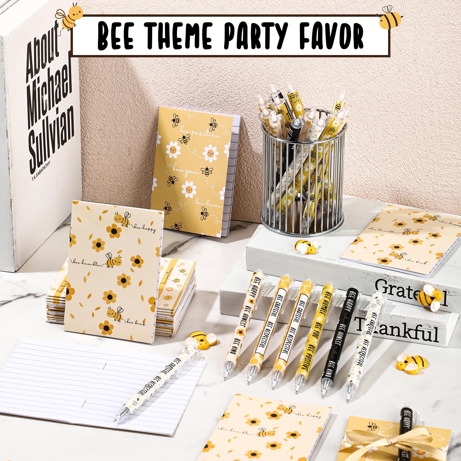 Sayglossy Inspirierendes Schreibwaren-Set mit Bienen-Motiv, kleines Taschennotizbuch mit Kugelschreibern, für Schulanfang, Klassenzimmer, Lehrer, Büro, Ersttags-Klasse, Geschenk für Studenten