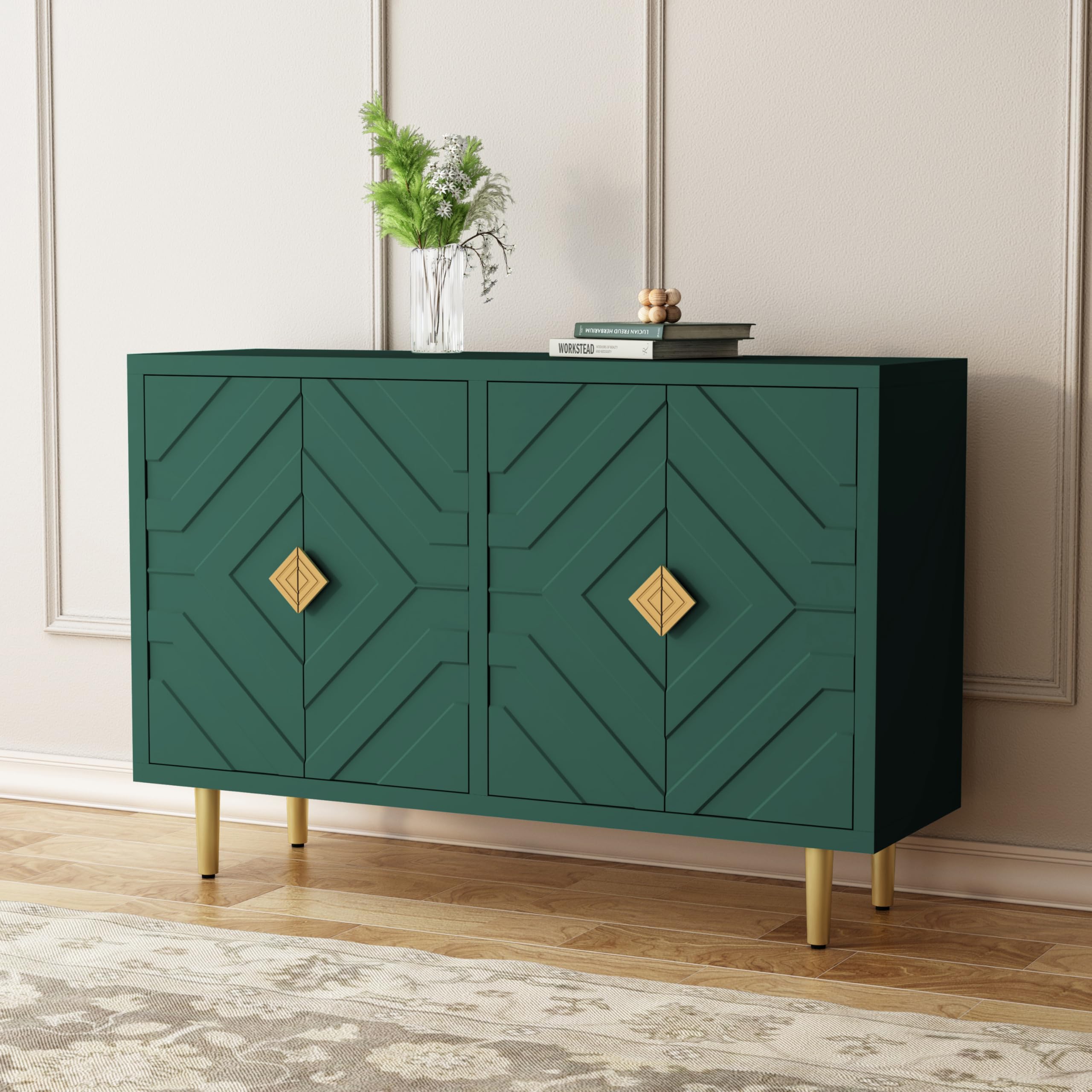 HOLTICO Sideboard with 4 Doors and Shelves, Buffet Table Storage Cabinet Morden Kitchen Cupboard for Kitchen, Living Room, Dining Room, Hallway,Green
