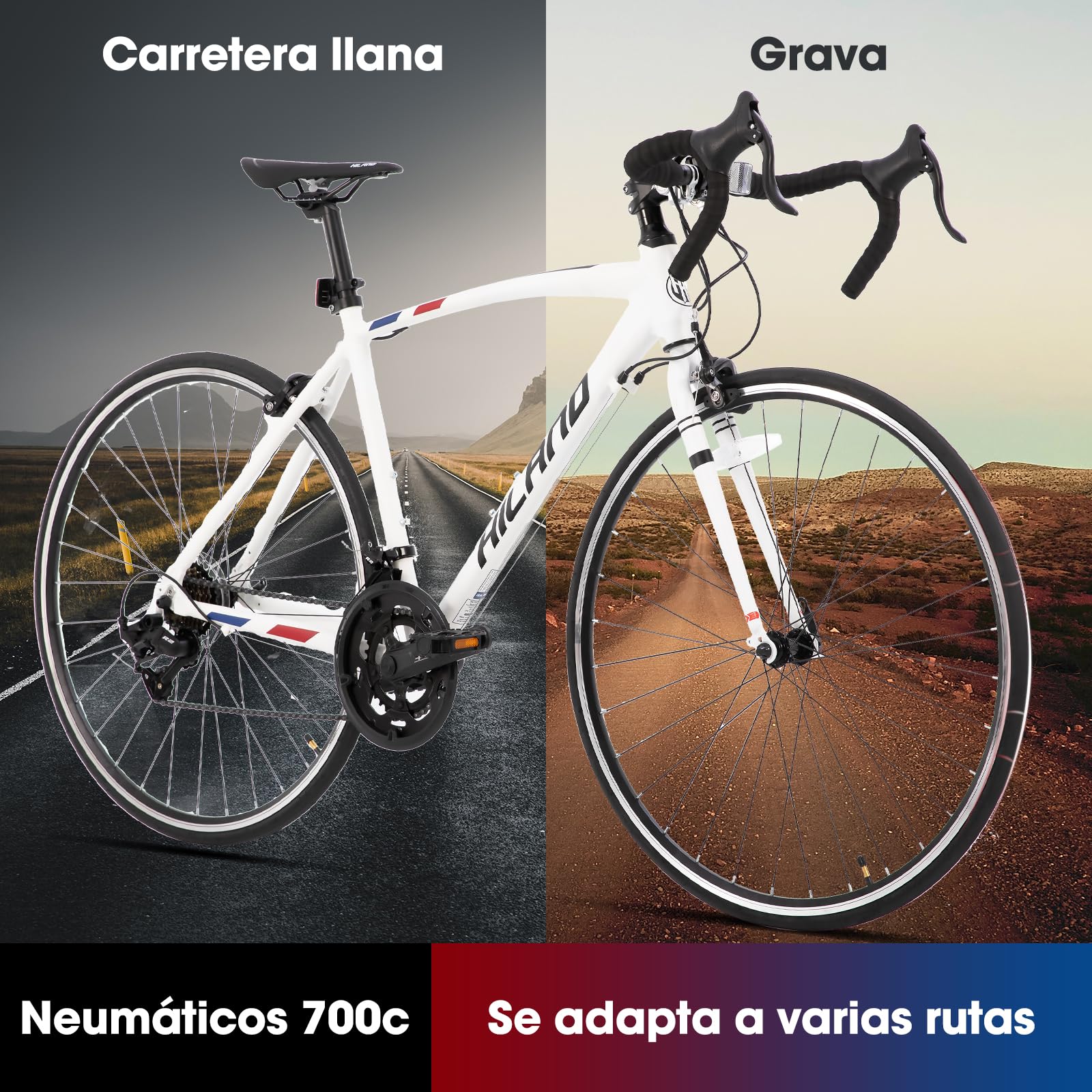 Hiland Bicicleta de Carretera 28 Pulgadas, Cuadro de Aluminio 700C Unisex, Frenos de Llanta Delanteros y Traseros, 14 Velocidades, Cuadro 490/530/570 mm, Negro/Blanco