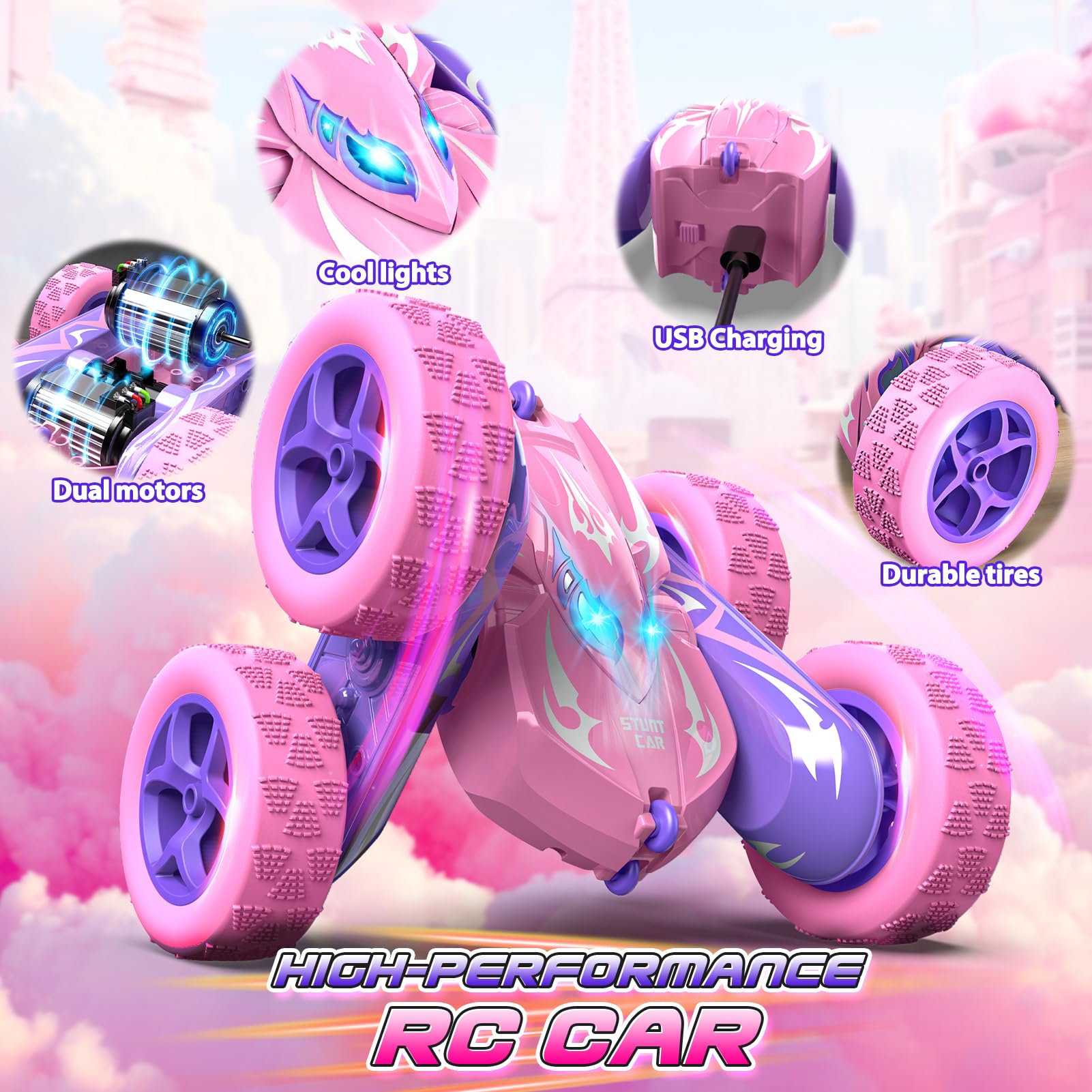 Dreamlandia Pink Remote Control Cars, 360 Flips RC Car Girl Toys for 3-9 Year Old Girls Gifts - Image 3
