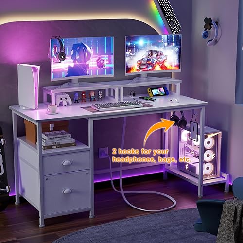 Miniatura 4 de Furologee Escritorio blanco para computadora con cajón y tomas de corriente, escritorio de oficina de 47 pulgadas con 2 soportes para monitor y