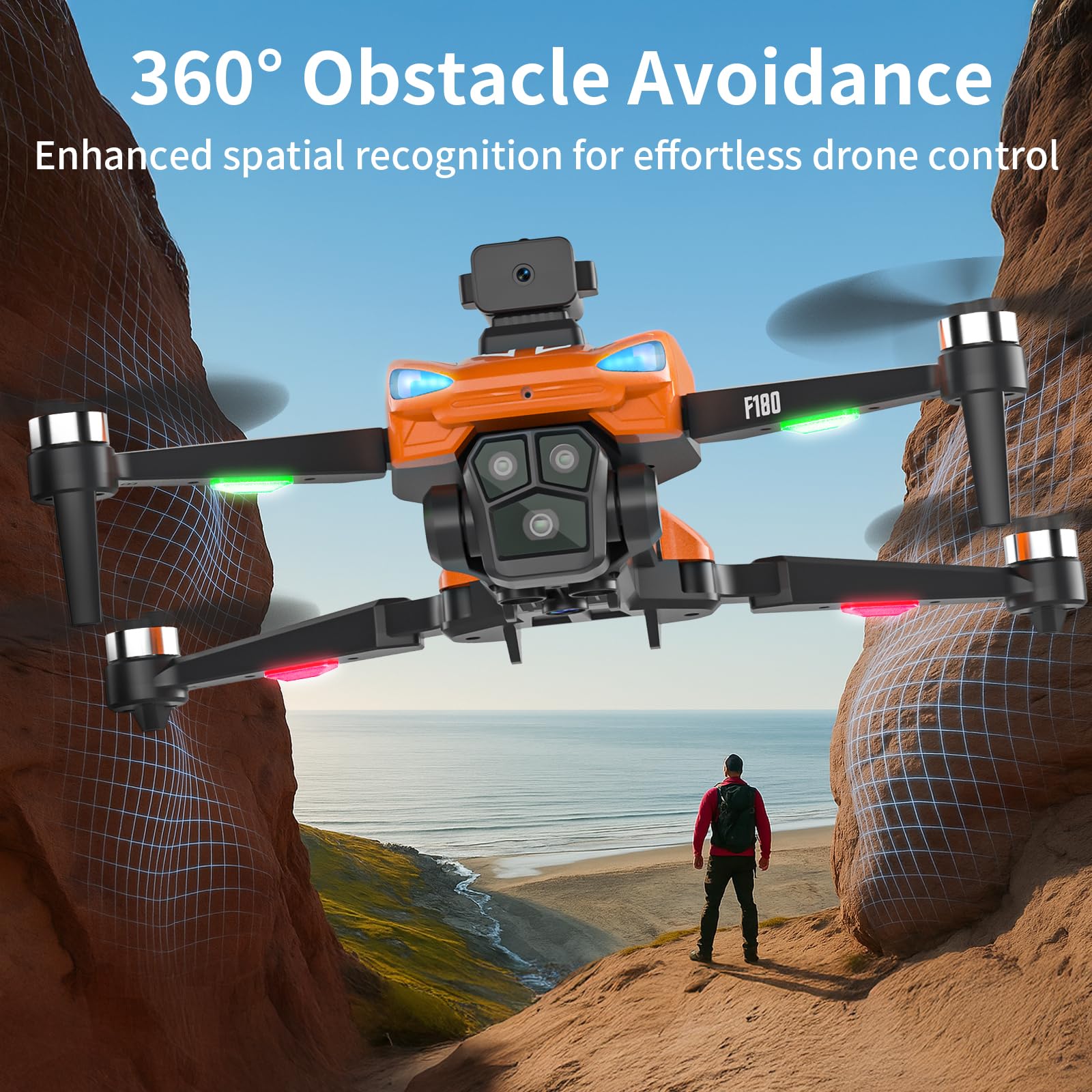 F180 GPS Drone con Camera 4K, Motore Brushless, Evitamento Ostacoli Automatico, Decollo/Atterraggio 1 Tasto, Volo Traiettoria, Posizionamento Ottico, per Adulti, Bambini e Principianti