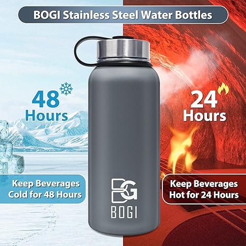 Miniatura 4 de BOGI Botella de agua aislada de 32 onzas, botella de agua de acero inoxidable al vacío de doble pared con popote y 3 tapas, a prueba de sudor,