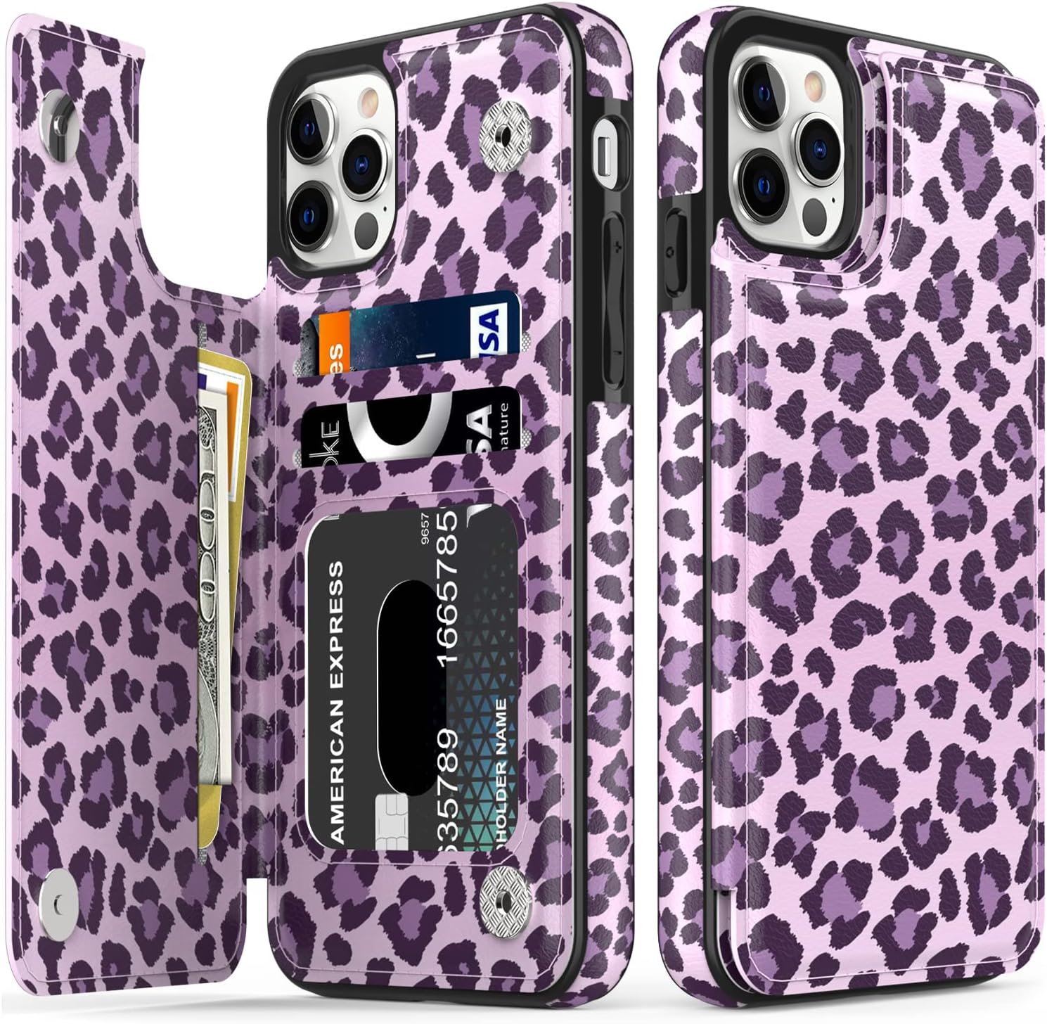 LETO iPhone 13 Pro Max Case,Flip Folio Leather Wallet Case Cover with Fashion Designs for Girls Women,Card Slots Kickstand Protective Phone Case for iPhone 13 Pro Max 6.7" Purple Leopard