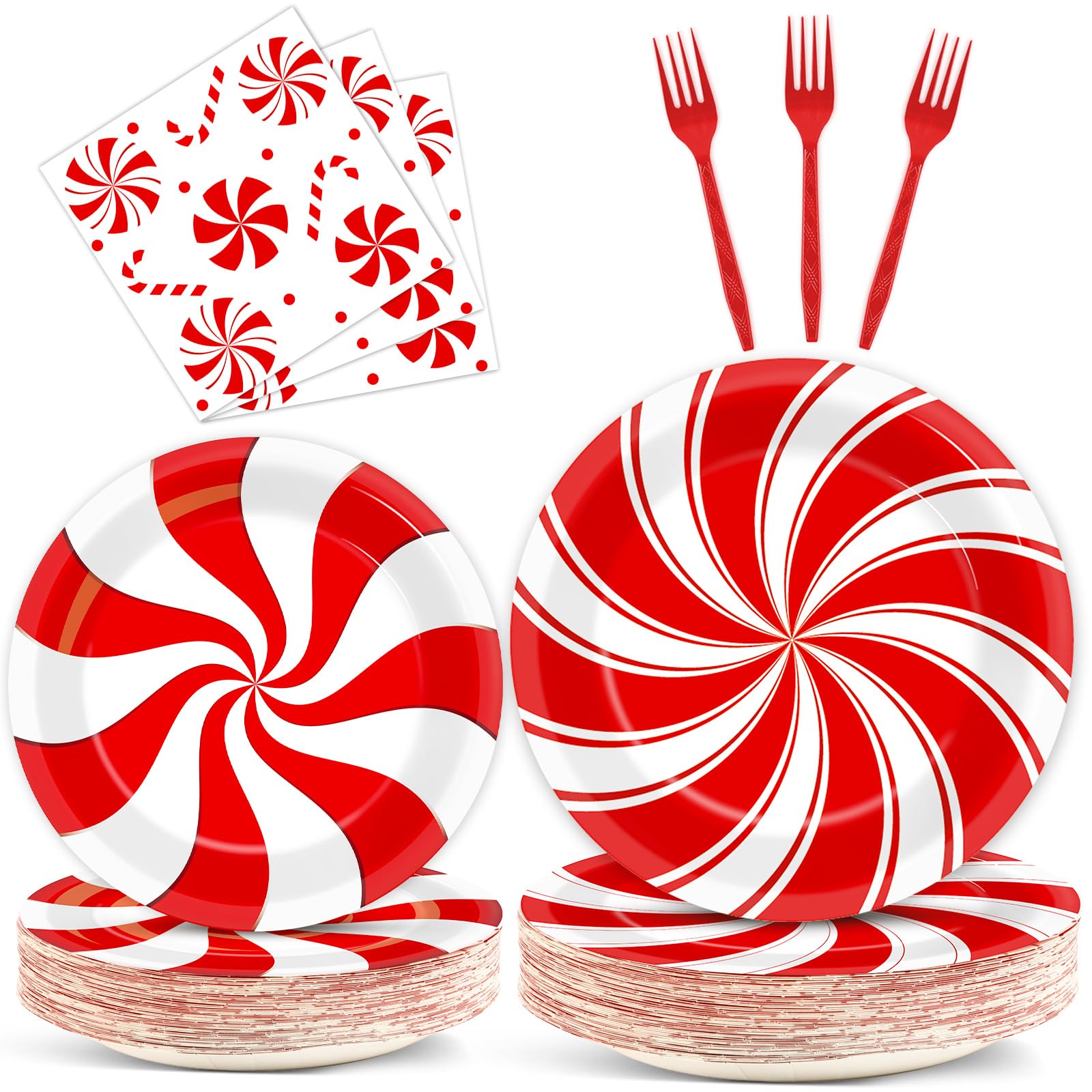 96pcs Christmas Peppermint Candy Paper Plates Party Supplies Tableware Set Candy Mint Party Supplies for Holiday Xmas Red and White Striped Peppermint Disposable Dinnerware Decorations 24 Guest