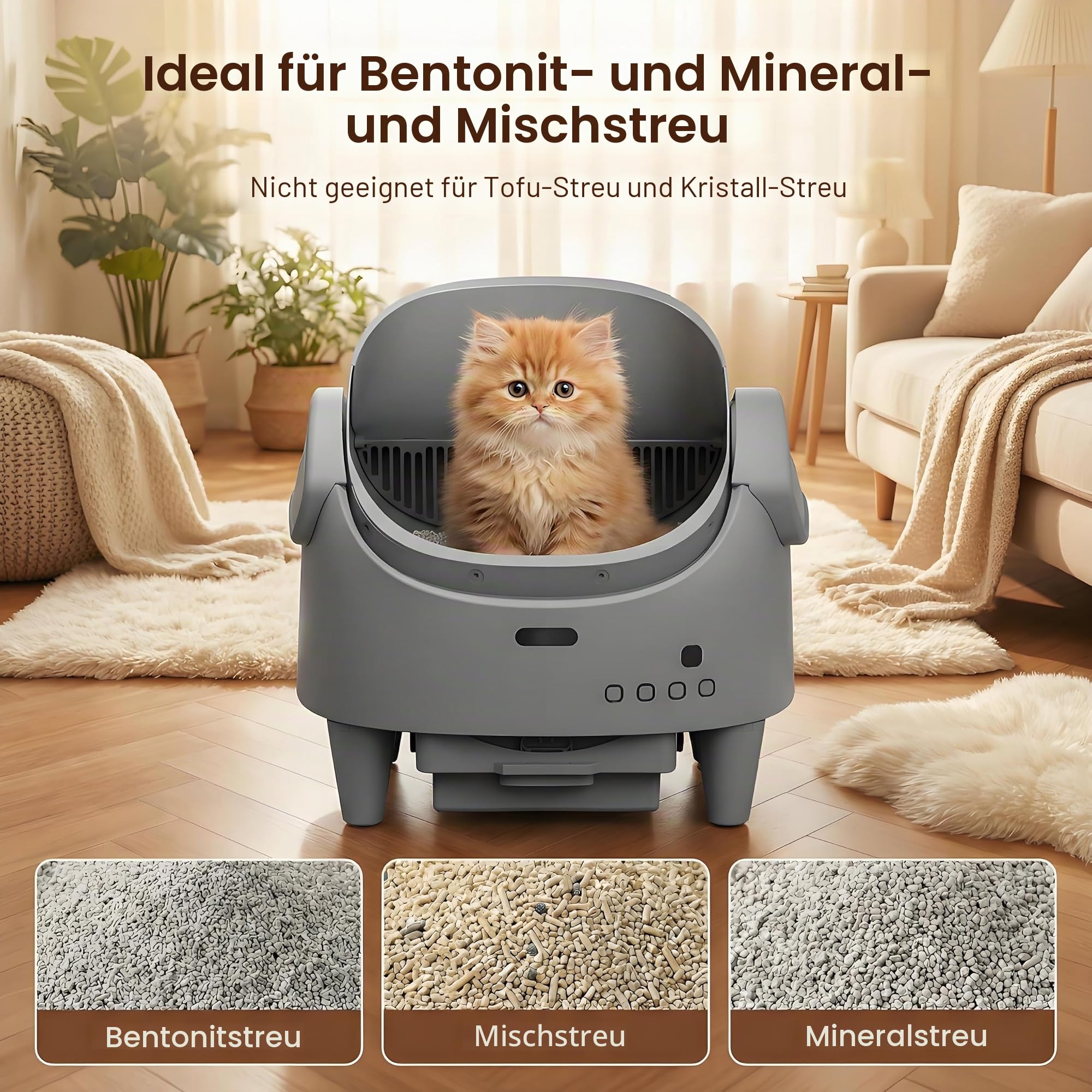 Katzenklo Selbstreinigend Xxl Offenes Design, App-Steuerung 15-Fach Sicherheit, Höhenverstellbarer Einstieg, Extra Großer Geruchsversiegelter Abfallbehälter, Ideal Für Mehrere Katzen