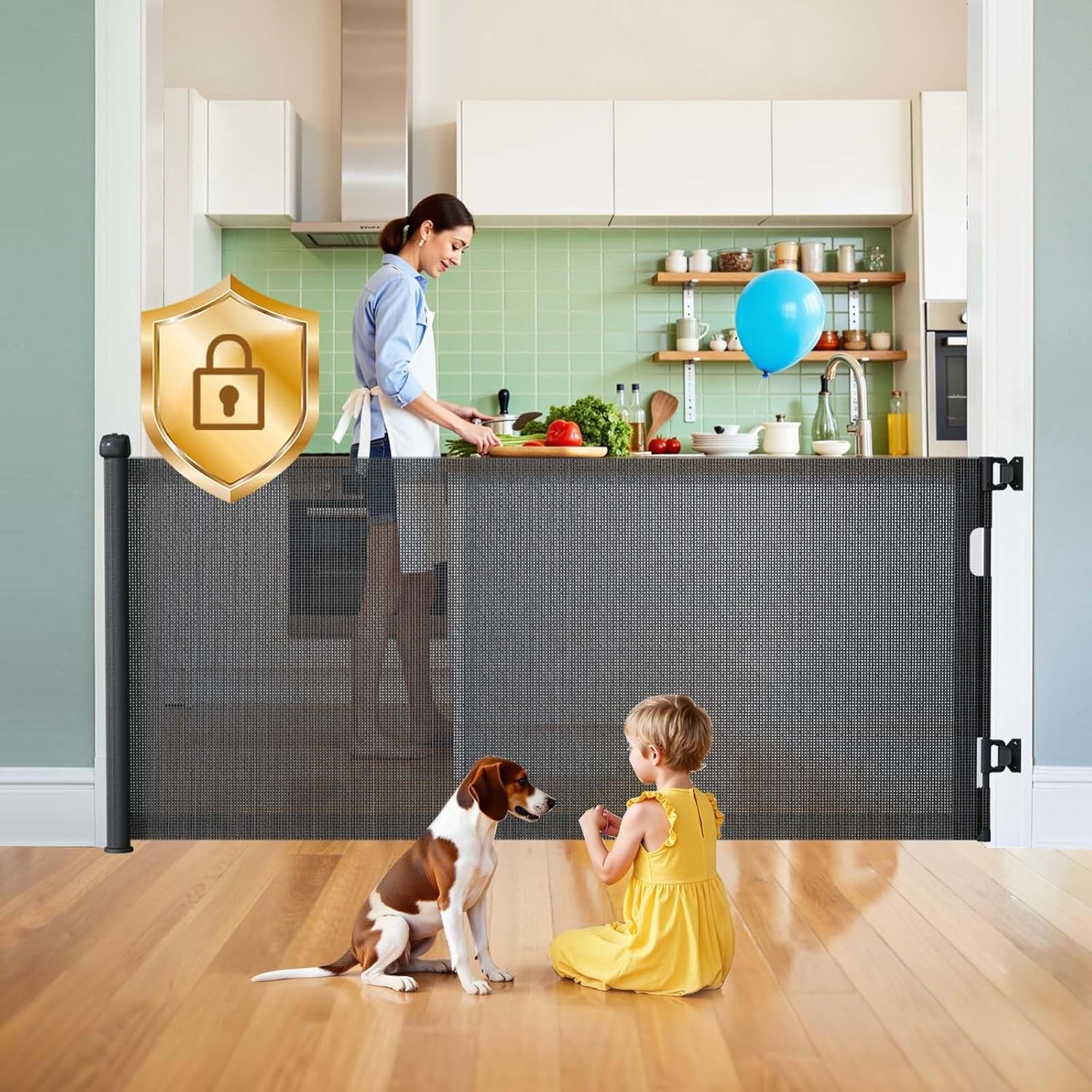 Hardware Mount Retractable Baby Gates for Stairs with Auto-Lock,33" Tall,Extends up to 71" Wide Mesh Double Lock Safety Baby Dog Pet Cat Gate for Doorways,Child Gate for Hallways Kitchen Indoor Black Black 33"Tall 71"Wide