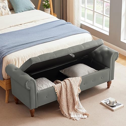 Miniatura 59 de Aoowow Banco de almacenamiento de 63 pulgadas para dormitorio, extremo de la cama, sofá otomano enrollado de tela de terciopelo armado, banco largo