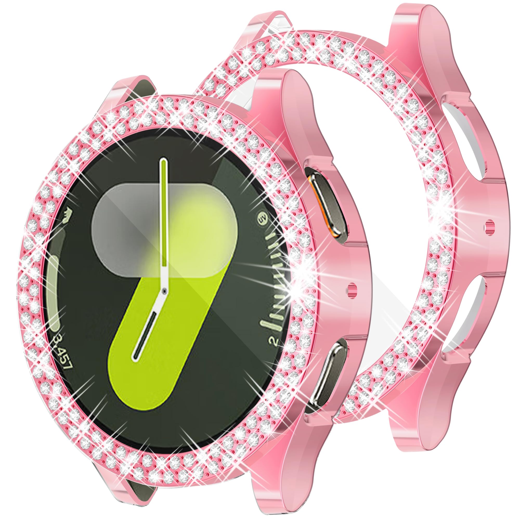 Wugongyan Case Compatible with Samsung Galaxy Watch 7 40mm 44mm Screen Protector Bling Double Row Crystal Diamonds Flexible TPU Galaxy Watch 7 Face Cover Accessories(Pink, 44mm)