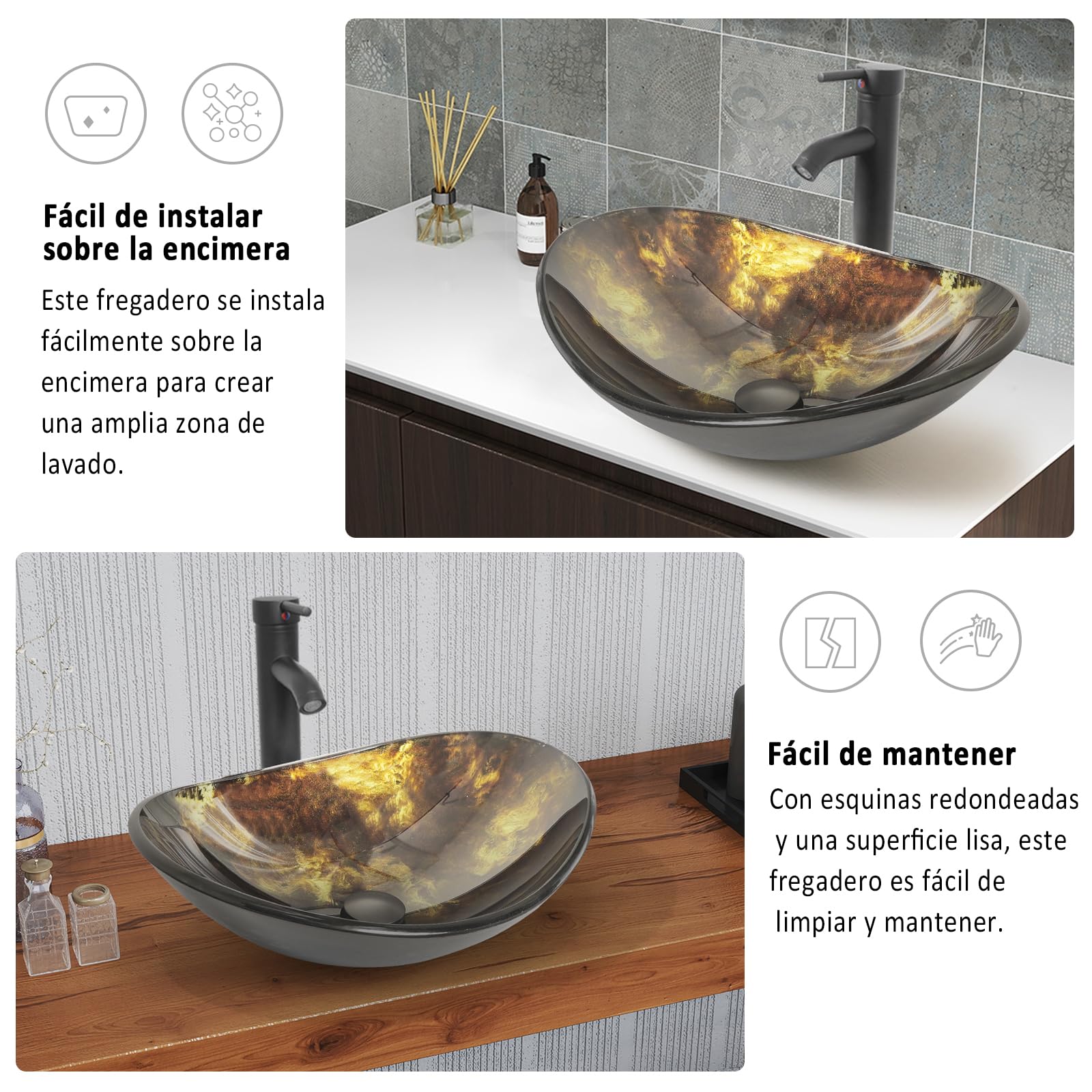 YU YUSING Lavabo Ovalado de Vidrio con Grifo sobre Encimera para Baño, Cocina y Aseo, Moderno Dorado Brillante, 53,3 x 35 x 16 cm