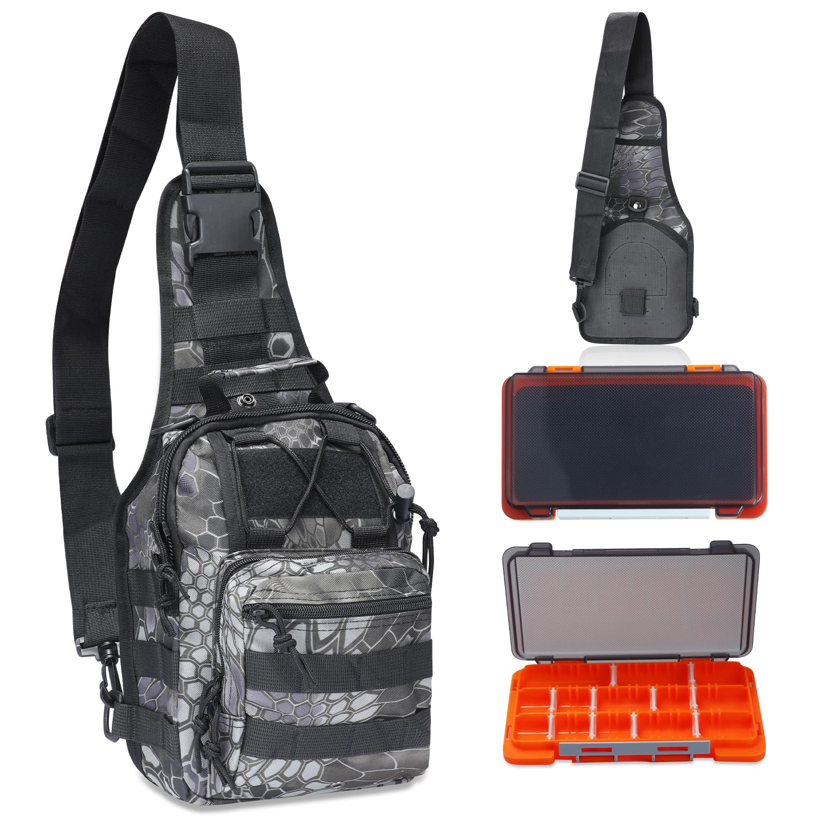 Waterproof Fishing Backpack with 2 Tackle Boxes, 2-Way Carry Design & Durable Material,Black, Khaki, Camo (Black with Two Tackle Boxes)