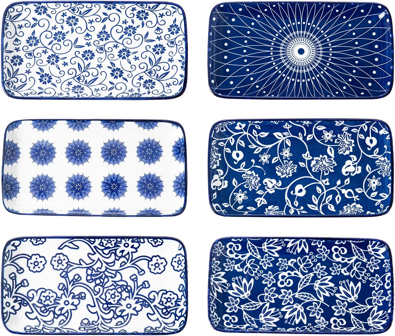 Ceramic Rectangle Salad Plates Set - 8.1" x 4.5" Rectangular Serving Platter - Serving Trays for Sushi Dinner Dessert Pasta Appetizer - Oven Microwave Dishwasher Safe - Set of 6 - Vintage Blue