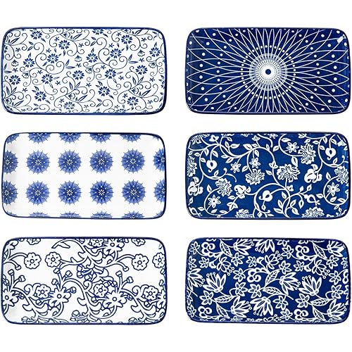 Rectangle Serving Platter Set - 8 Inch Ceramic Dinner Plates Rectangular Serving Trays for Sushi Salad Dessert Pasta Appetizer - Oven Microwave Dishwasher Safe - Set of 6 - Vintage Blue