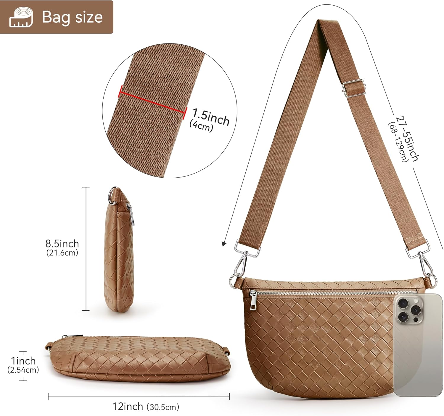 KALIDI Woven Crossbody Bags for Women Travel Vegan Leather Fanny Packs for Woman Cross Body Purse Fashion Belt Bum Bag with Wide Strap - Image 6