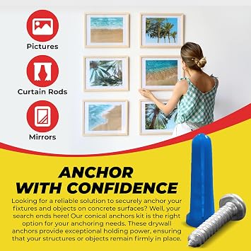 QUALIHOME Conical Concrete Anchors and Screws Kit, Plastic Conical Wall Anchors for Lightweight Fixtures in Concrete, Block, Brick, and More, 100 Pack of Concrete Anchors, Screws & 1 x 1/4 Drill Bit