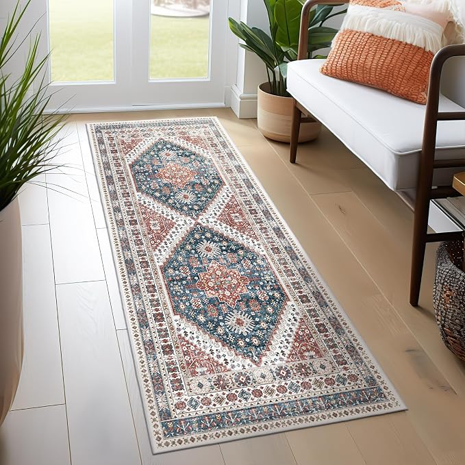 Madane Washable Runner Rug 2x6, Ultra-Thin Non-Slip Non-Shedding Hallway Runner, Stain Resistant Kitchen Mat Entryway Carpet Runner, Vintage Pet Friendly Low Pile Runners (2x6ft, Navy/White)