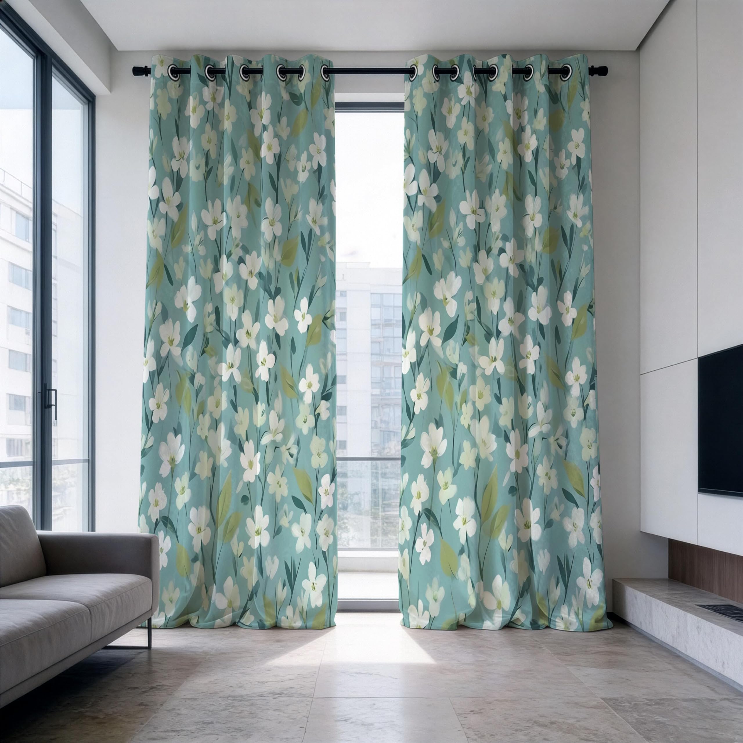 IKDZCM Floral Blackout Curtains for Bedroom, Soft Blue Flower Drapes, Botanical Eyelet Window Panels Living Room(WxH/2x85x200cm)