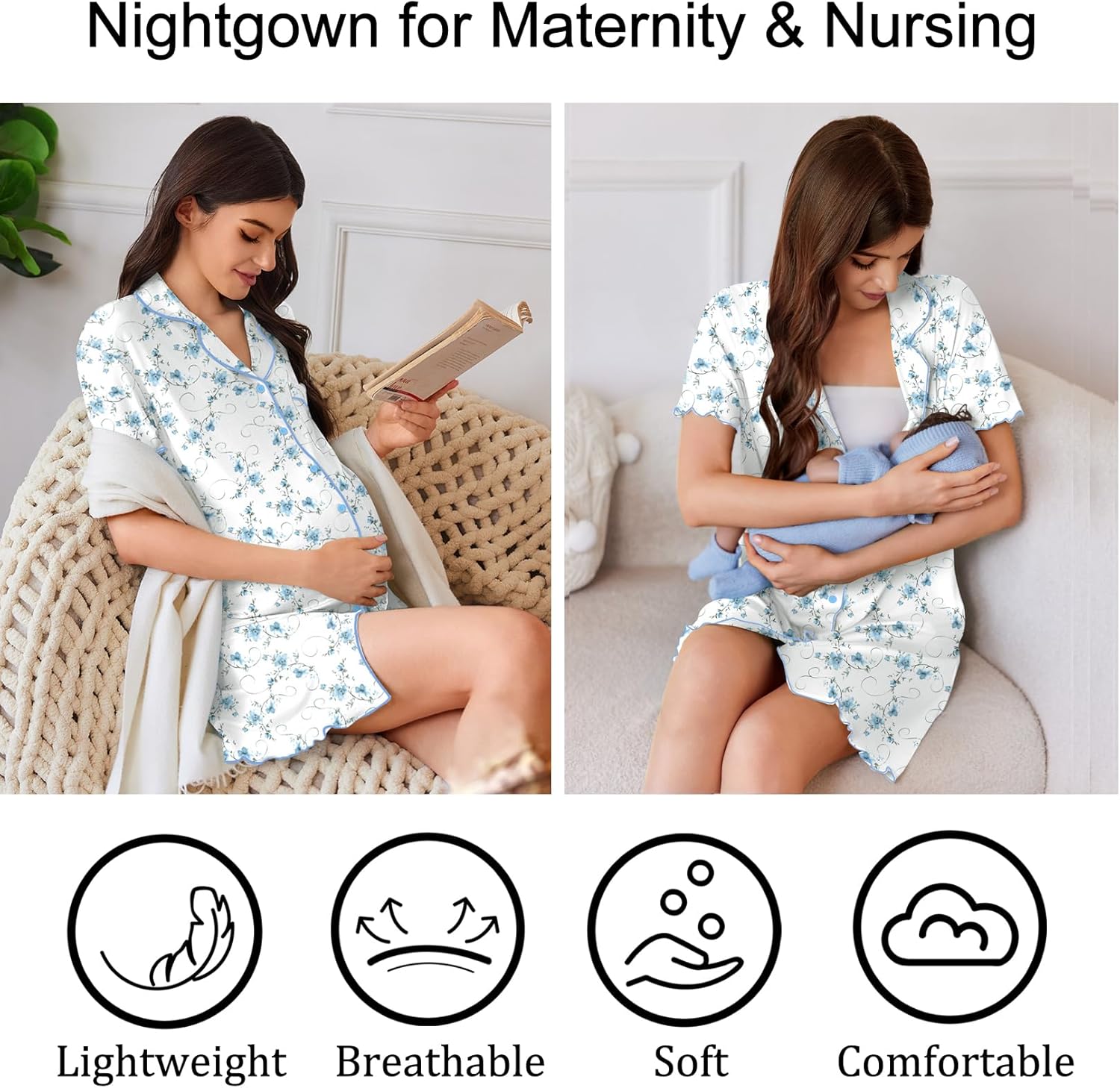 Ekouaer Cotton Nightgowns for Women Button Down Sleep Shirts Short Sleeve Night Gown Boyfriend Sleepwear Soft Night Shirts - Image 6