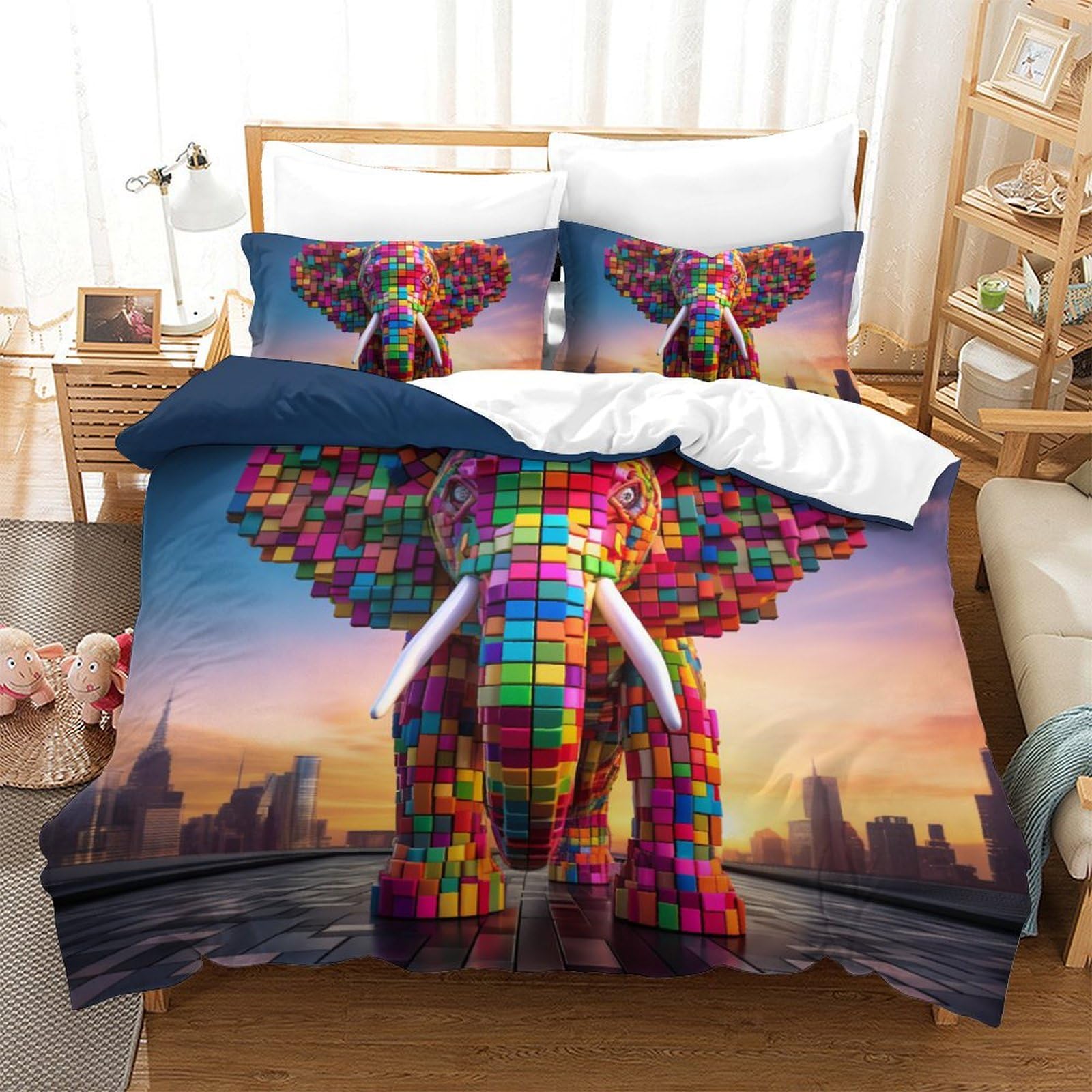 Housse de couette respirante éléphant 200x200cm pour lit double enfant zippée