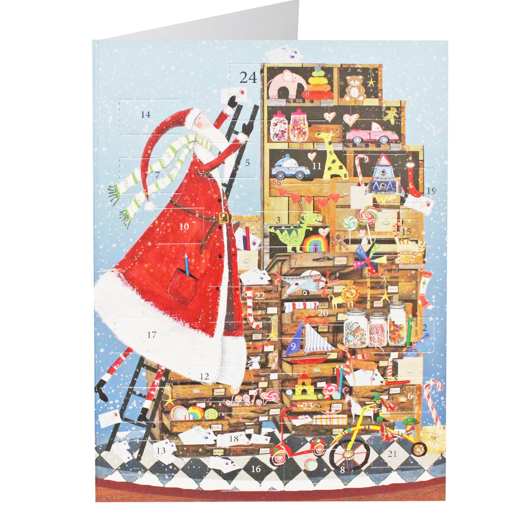 Christmas Card Advent Calendar with Red Envelope with Colourful illustration by Sarah Curedale (Santa's Toys)