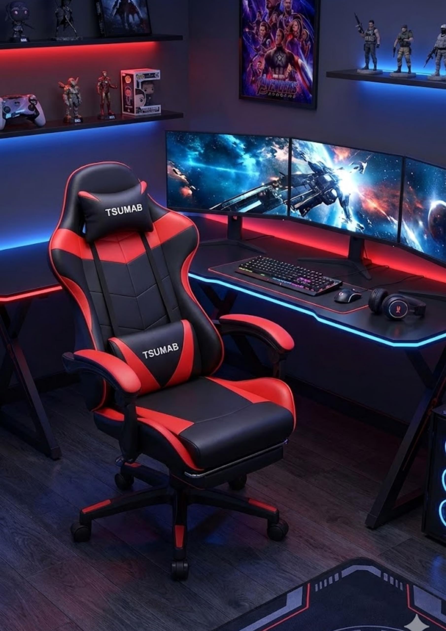 - Ergonomic Gaming Chair with Footrest, Adjustable Recliner, Lumbar & Neck Support, Heavy-Duty Office & Gaming Chair for Long Sitting – Black & Red