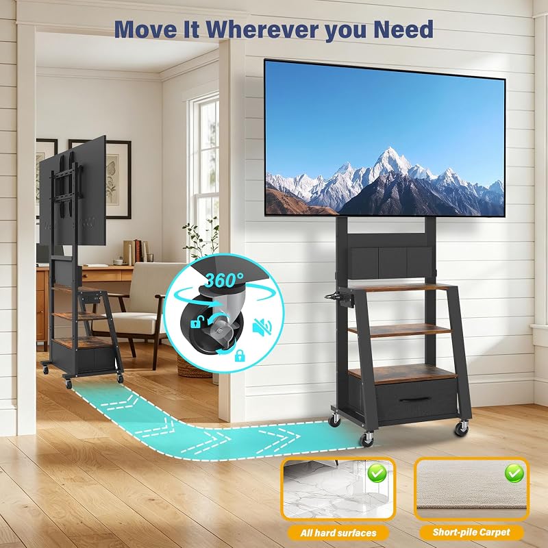 Rolling TV Stand with Power Outlet & 4-Tier Storage for 23-60 Inch Flat/Curved Screen up to 160lbs LCD/LED/OLED Adjustable Height Mobile TV Cart with Wheels for Home Office Outdoor Max VESA 400x400mm image 5