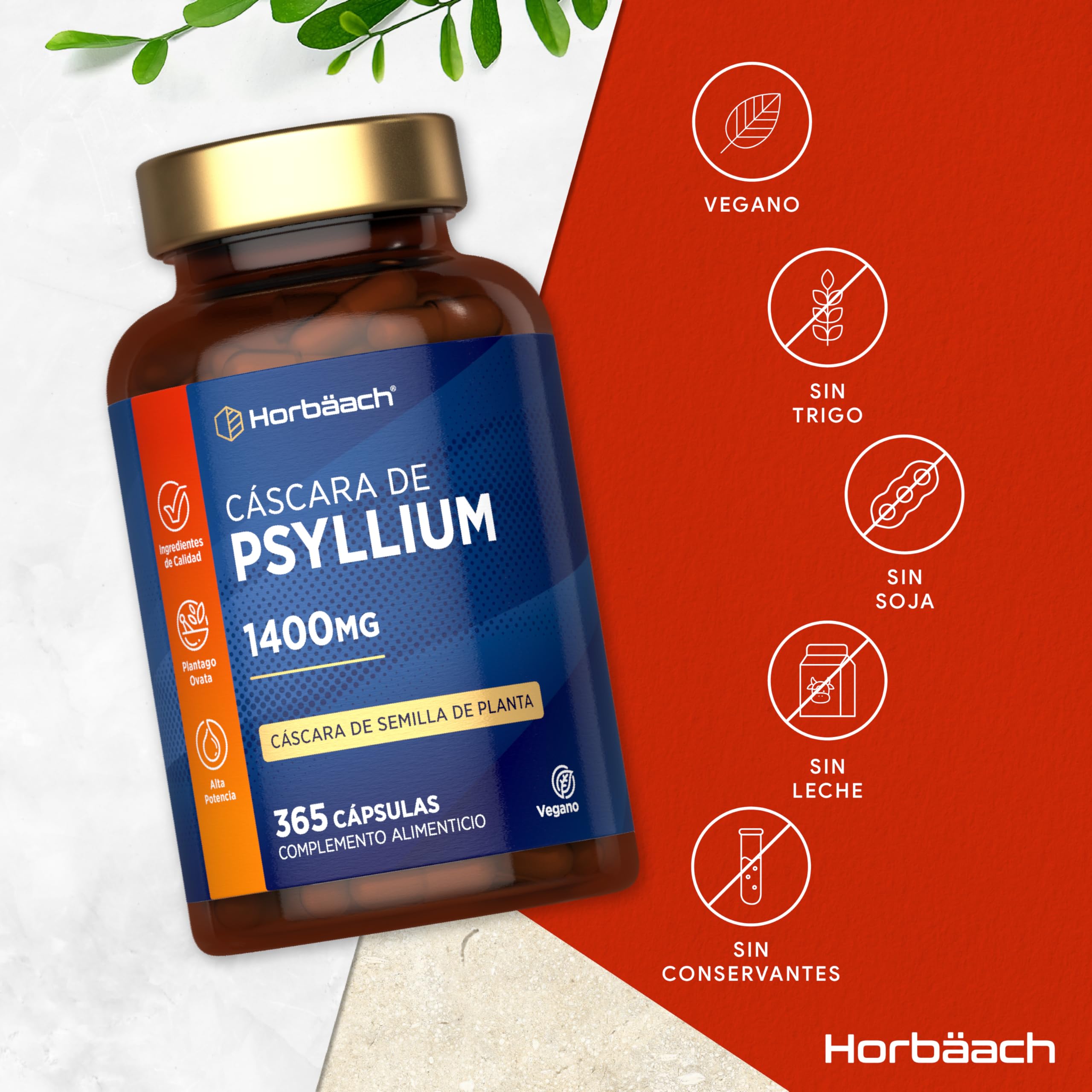 Psyllium Husk 1400 mg | 6 Meses de Suministro - 365 Cápsulas Veganas | Cáscara de Psyllium | Fibra de Psilio | Suplemento Fuente de fibra | Prebiótico Natural | Horbaach