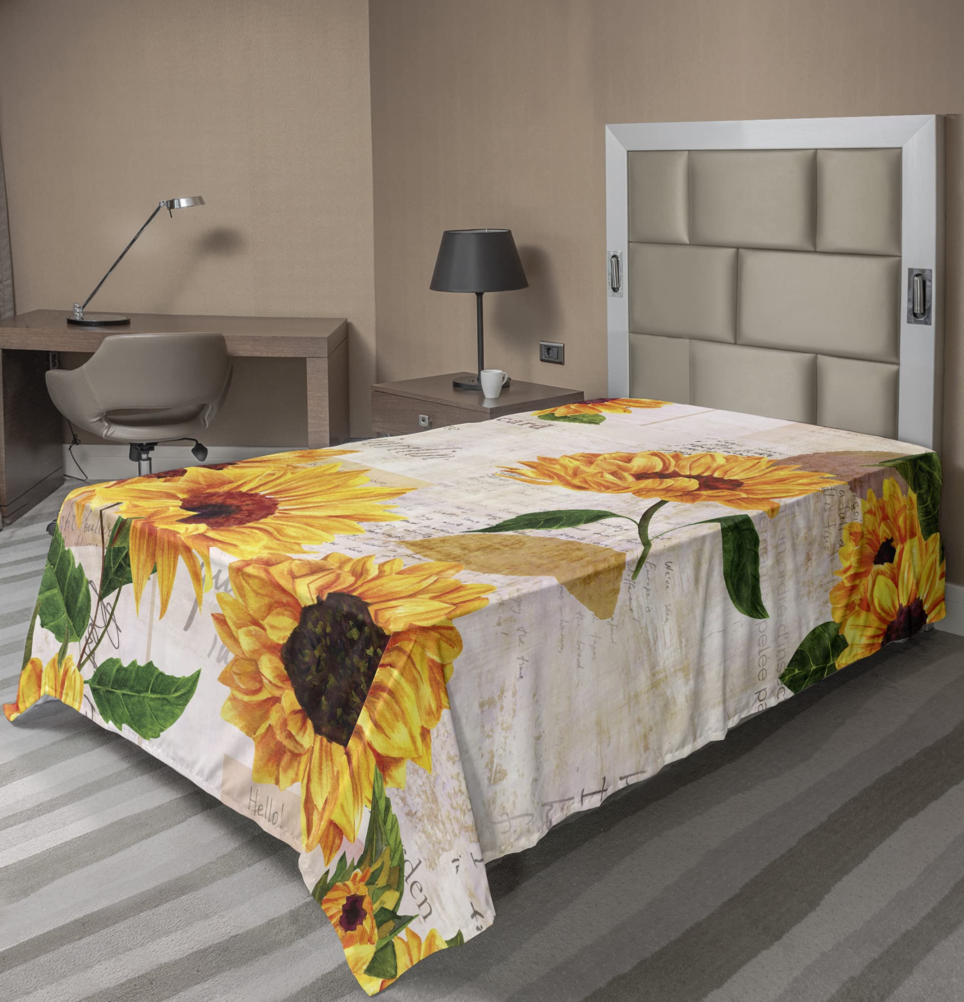 Lunarable Sunflower Flat Sheet, Romantic Flowers on Old Fashioned Letters Postcards Newspapers, Soft Comfortable Top Sheet Decorative Bedding 1 Piece, TwinXL Size, Fern Green Marigold