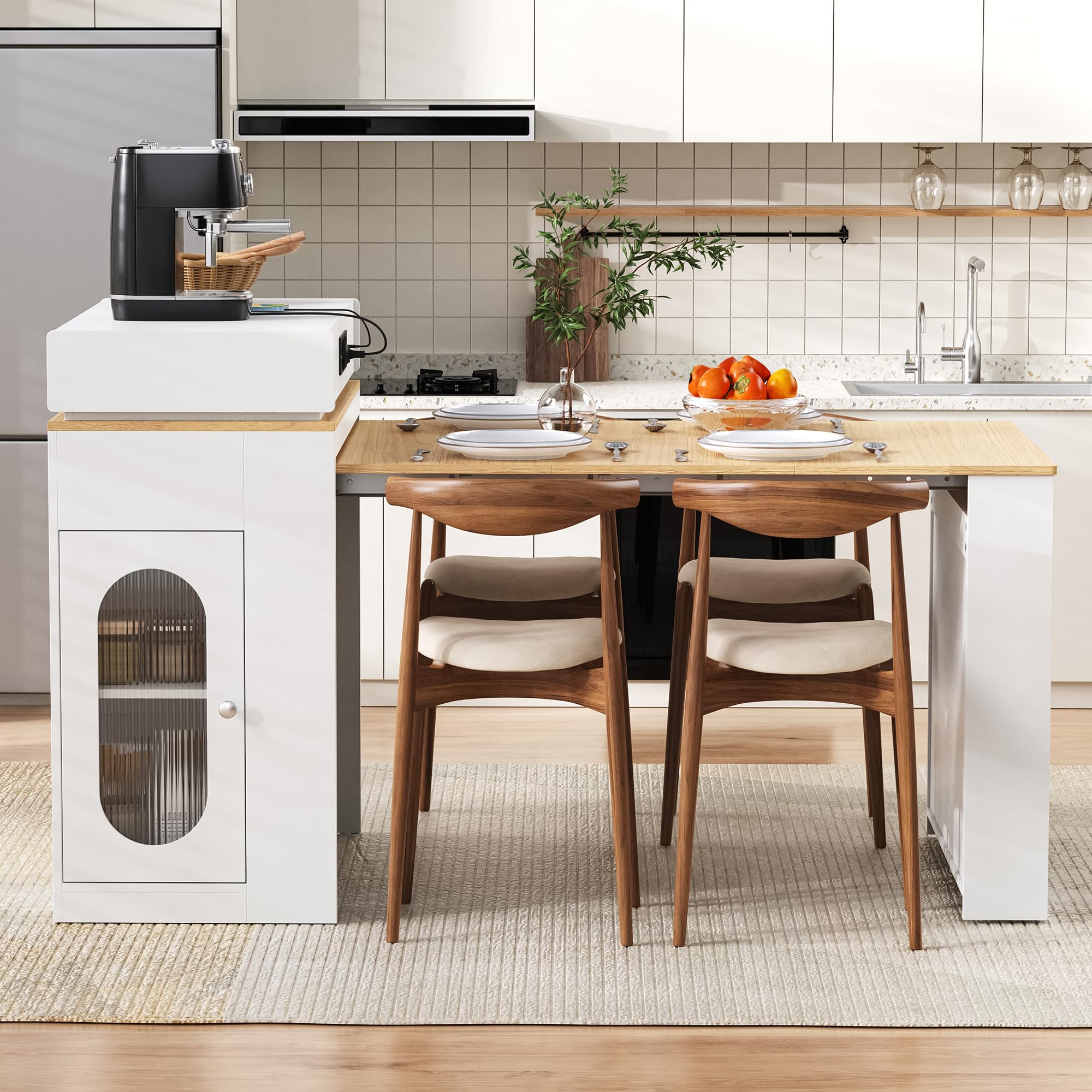 Bladez Isla de cocina moderna con mesa extensible y enchufes, isla de cocina con espacio de almacenamiento, armario de cristal y ganchos, mesa de bar multifuncional o aparador para cocina y comedor