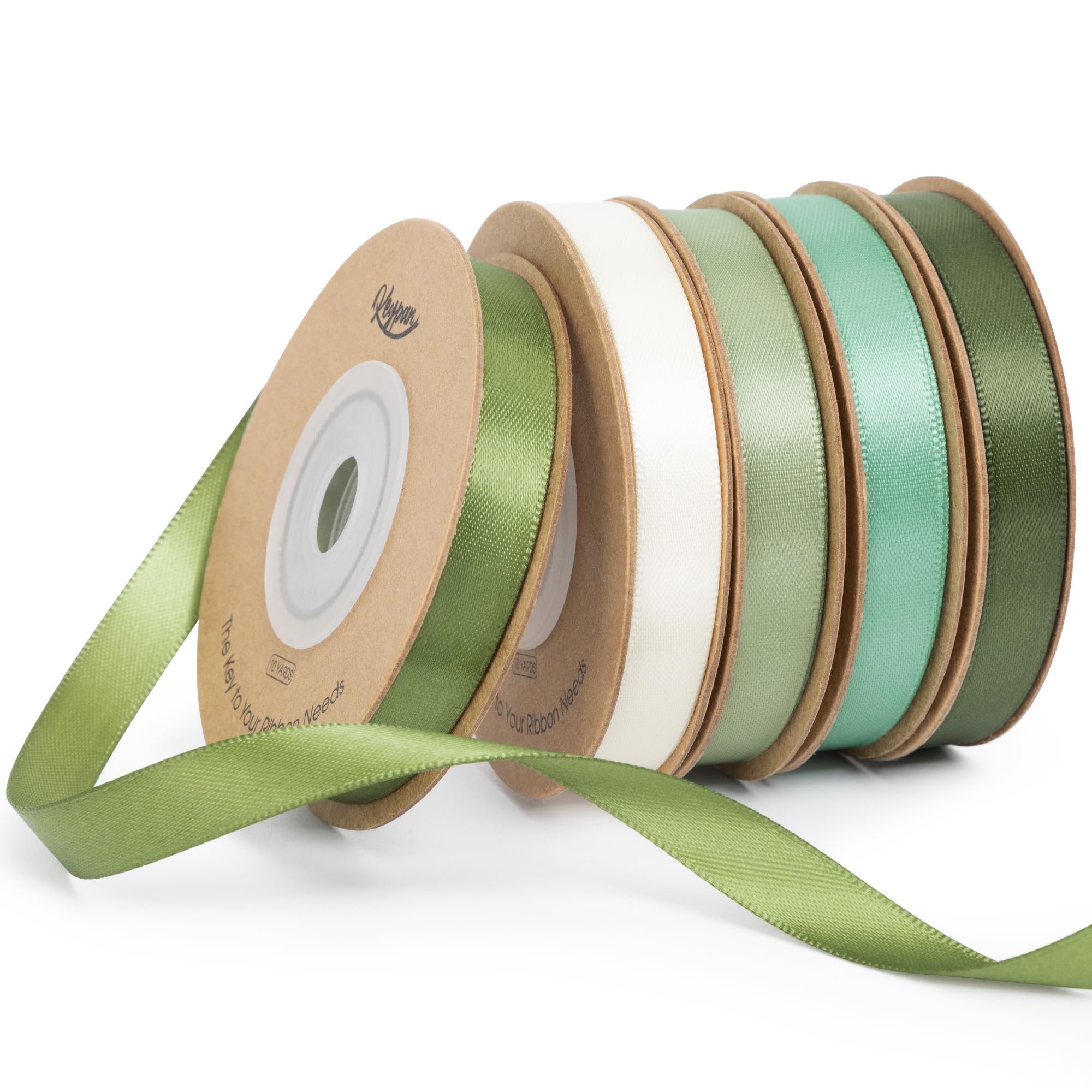 Keypan Green Satin Ribbon Set 9.5 mm x 45.7 M Double-Faced Assorted Ribbons for Gift Wrapping, Floral Crafts, DIY Hair Bows, Bouquets, Wedding & Party Decorations, 9.14m per roll