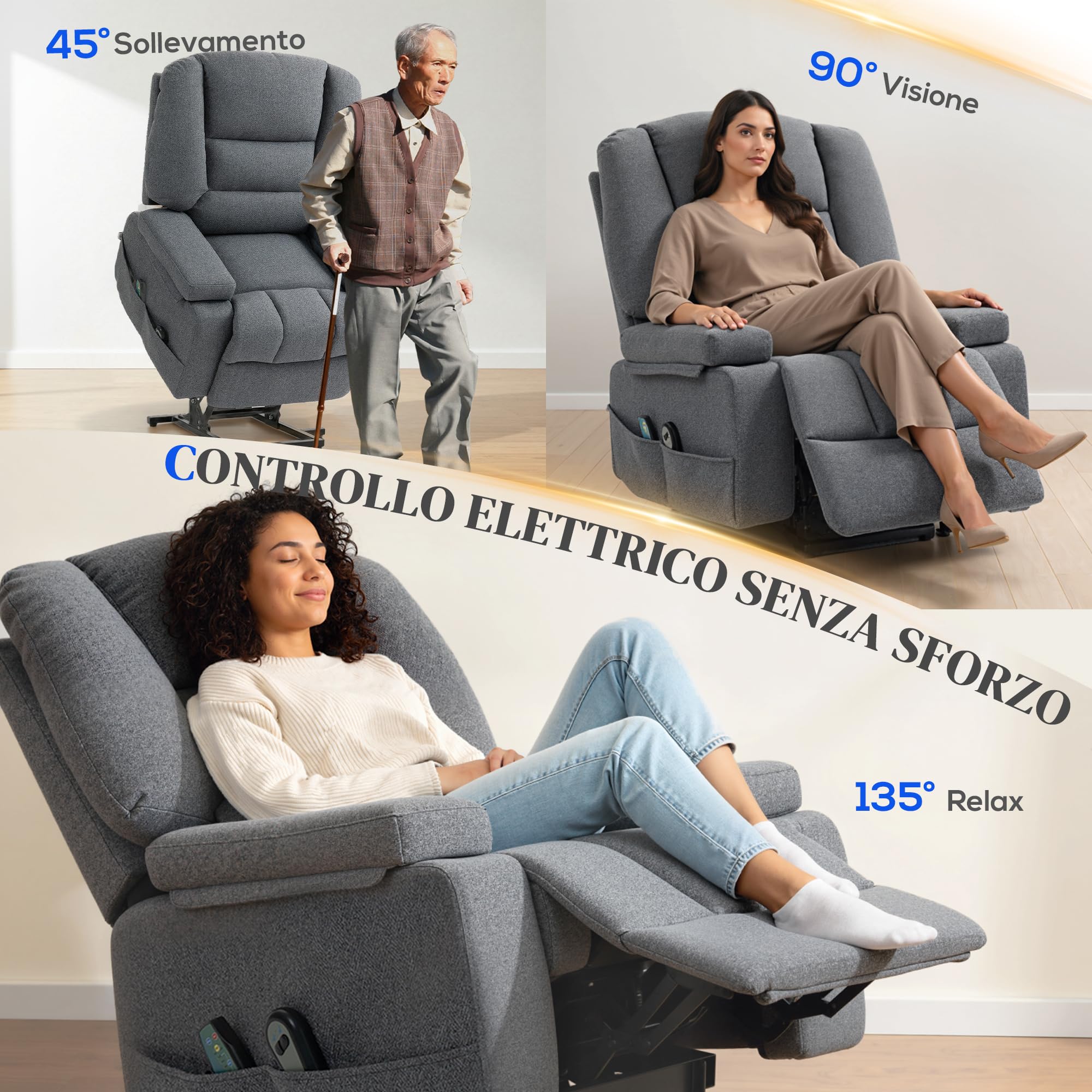 HOMCOM Poltrona Elettrica Alzapersona Reclinabile con 8 Punti Massaggio, Poltrona Relax Elettrica con Braccioli Ripiegabili, Poggiapiedi Riscaldato, Tessuto Effetto Lino, Grigio