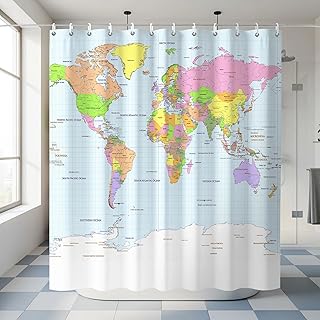 World Map Shower Curtain,National Geography Educational Shower Curtains for Kids Boys Girls Bathroom,Funny Waterproof Polyester World Map Bath Decor Gifts for Son Daughter,72x72 Inch