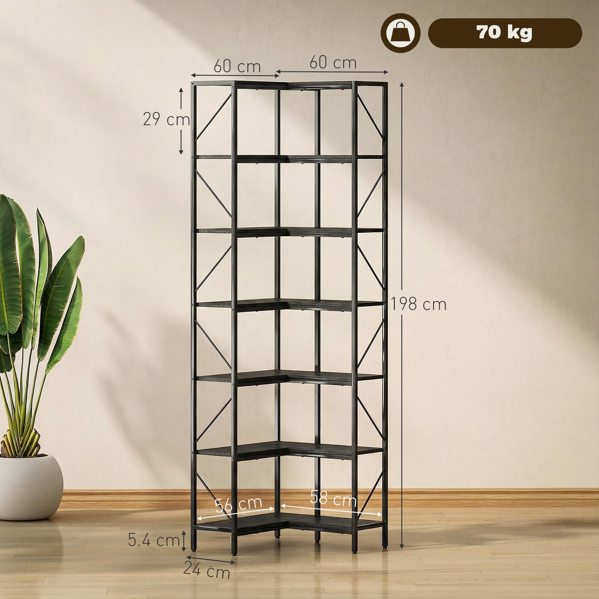 HOMCOM Libreria ad Angolo a 7 Ripiani 60x60x198 cm Nero | Libreria Angolare, Scaffale Salvaspazio Slim, Scaffale Portaoggetti Industriale, per Soggiorno, Camera da Letto, Ufficio