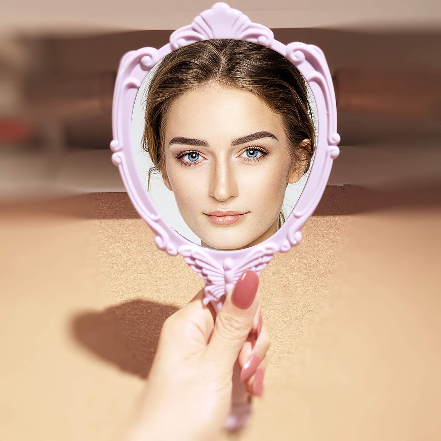 VrHere MirriM Embossed Butterfly Handheld Mirror with Folding Handle, Princess Style Girls Mirror with Handle, Purple