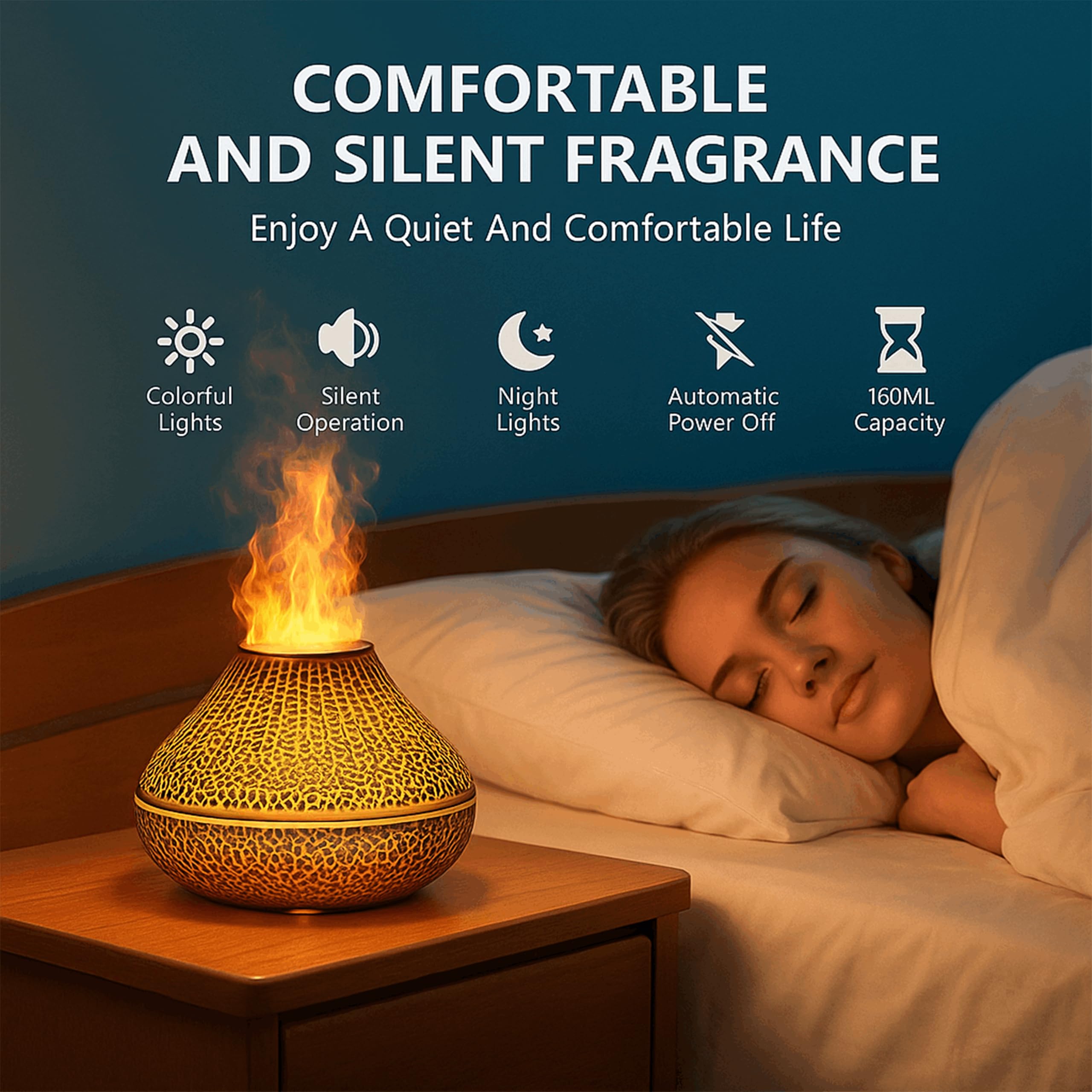 ALMA® Diffusore e Umidificatore di Oli Essenziali con Effetto Fiamma – 7 Colori LED, Funzionamento Ultra Silenzioso e Spegnimento Automatico – Perfetto per Casa, Camera da Letto, Yoga e Ufficio