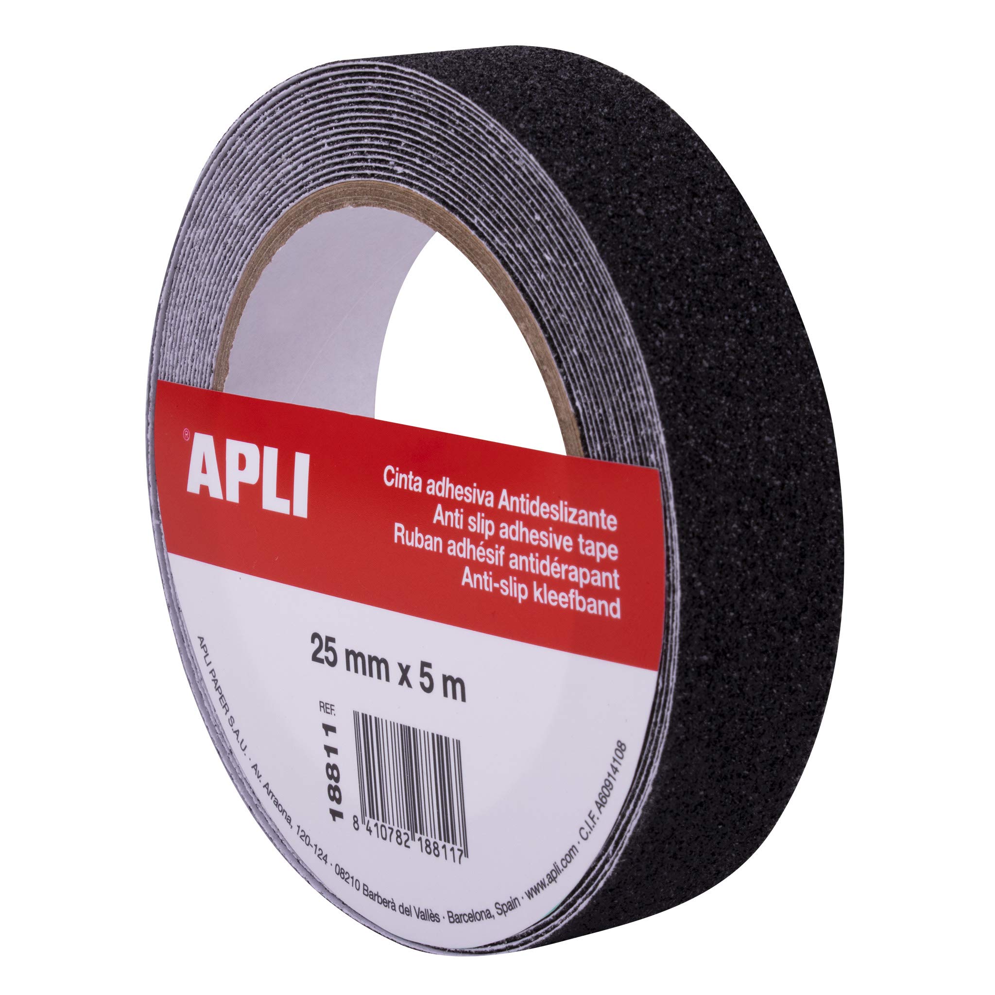 APLI 18811 - Cinta antideslizante de 25 mm x 5 m de PVC resistente en color negro. Uso interior y exterior