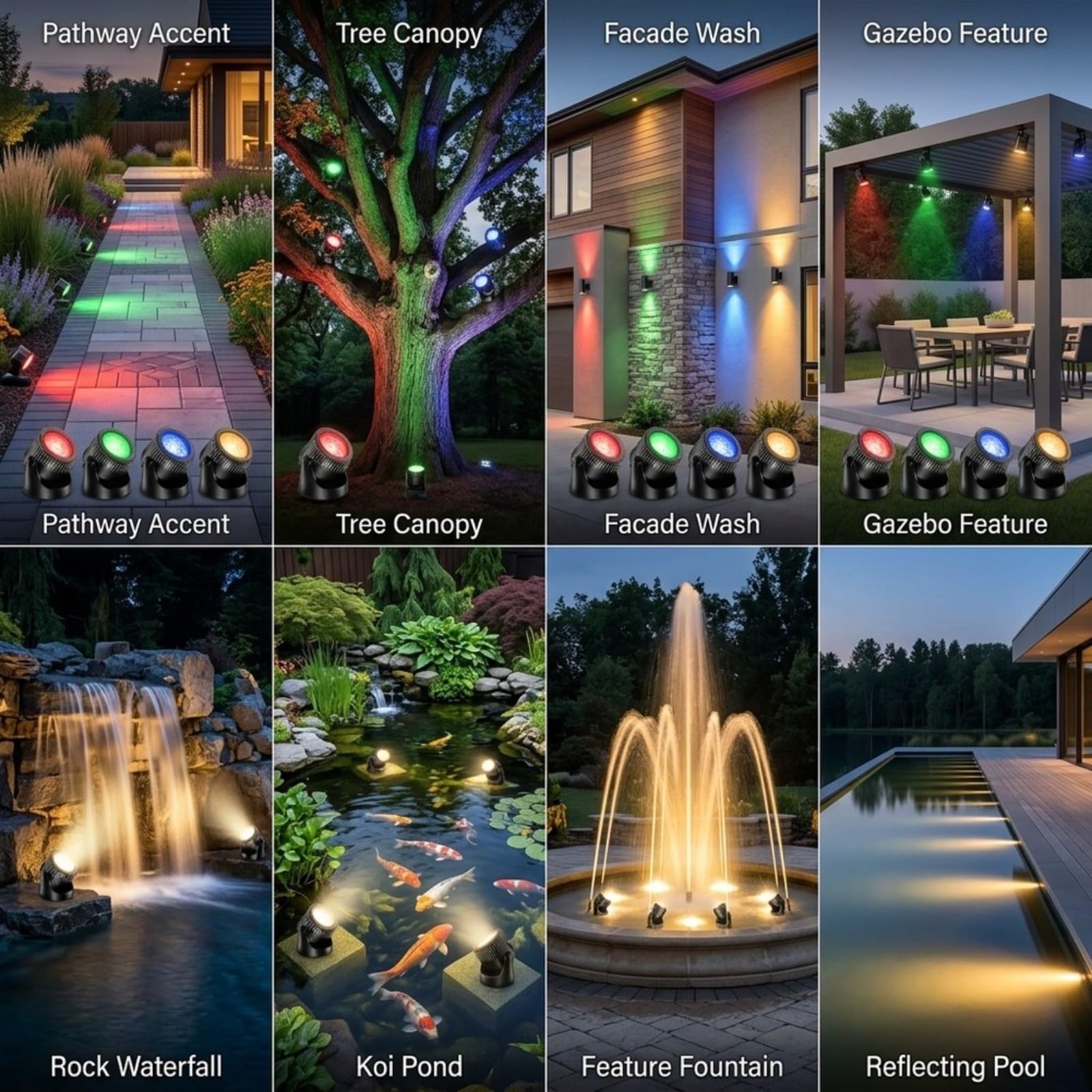 Luci subacquee 4 in 1 per laghetto, impermeabilità IP68, LED per giardino, piscina, fontana, decorazione, kit di illuminazione esterna (bianco caldo)