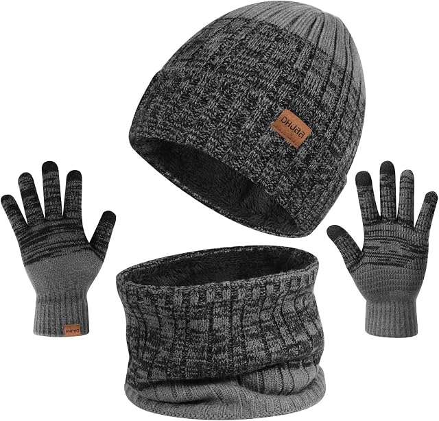 TAGVO 3in1 Winter Beanie Hat Scarf Gloves Set, Ultra Soft Elastic Thicken Warm Fleece Inner Lining Knit Beanie Cap Neck Warmer Warm Gloves,Snugly Fit for Men Women,Winter Accessories Sets